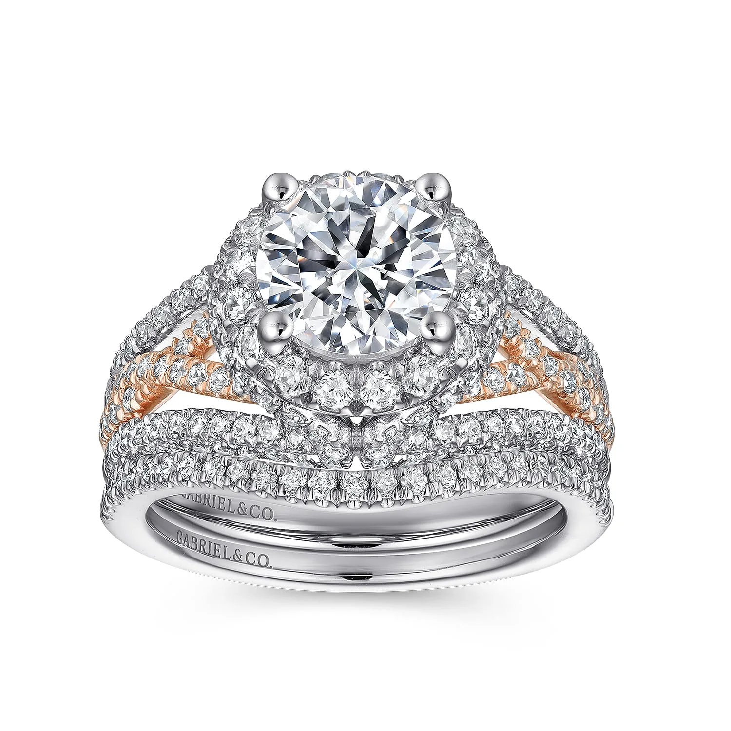 Round Halo Diamond Engagement Ring in 14K White/Rose Gold, photograph 4