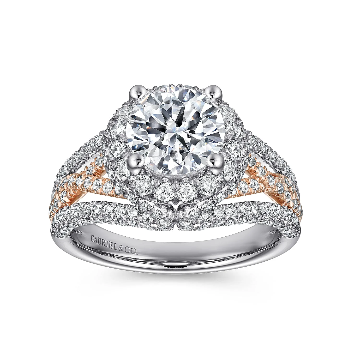 Round Halo Diamond Engagement Ring in 14K White/Rose Gold, photograph 5