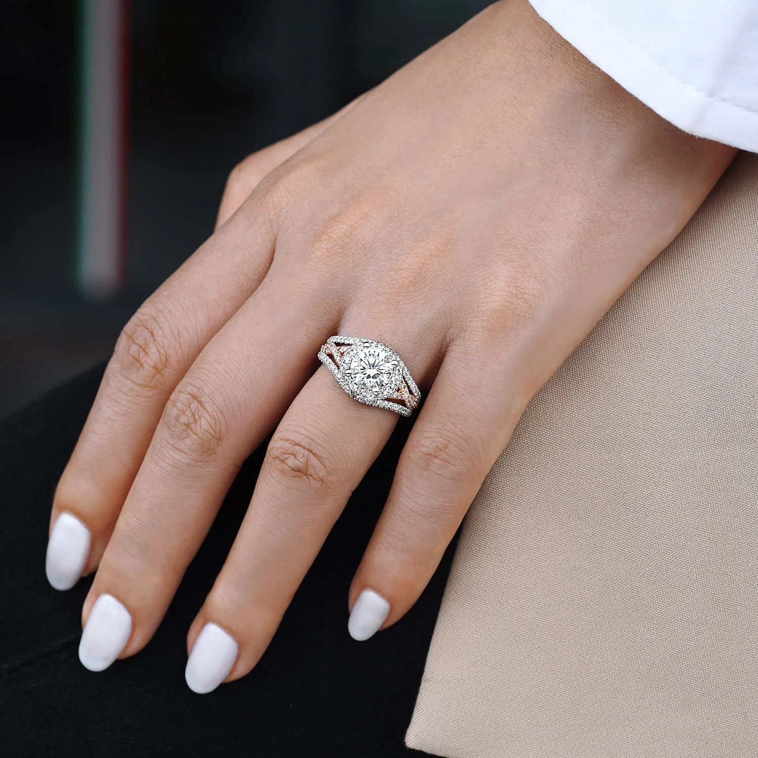 Round Halo Diamond Engagement Ring in 14K White/Rose Gold, photograph 6