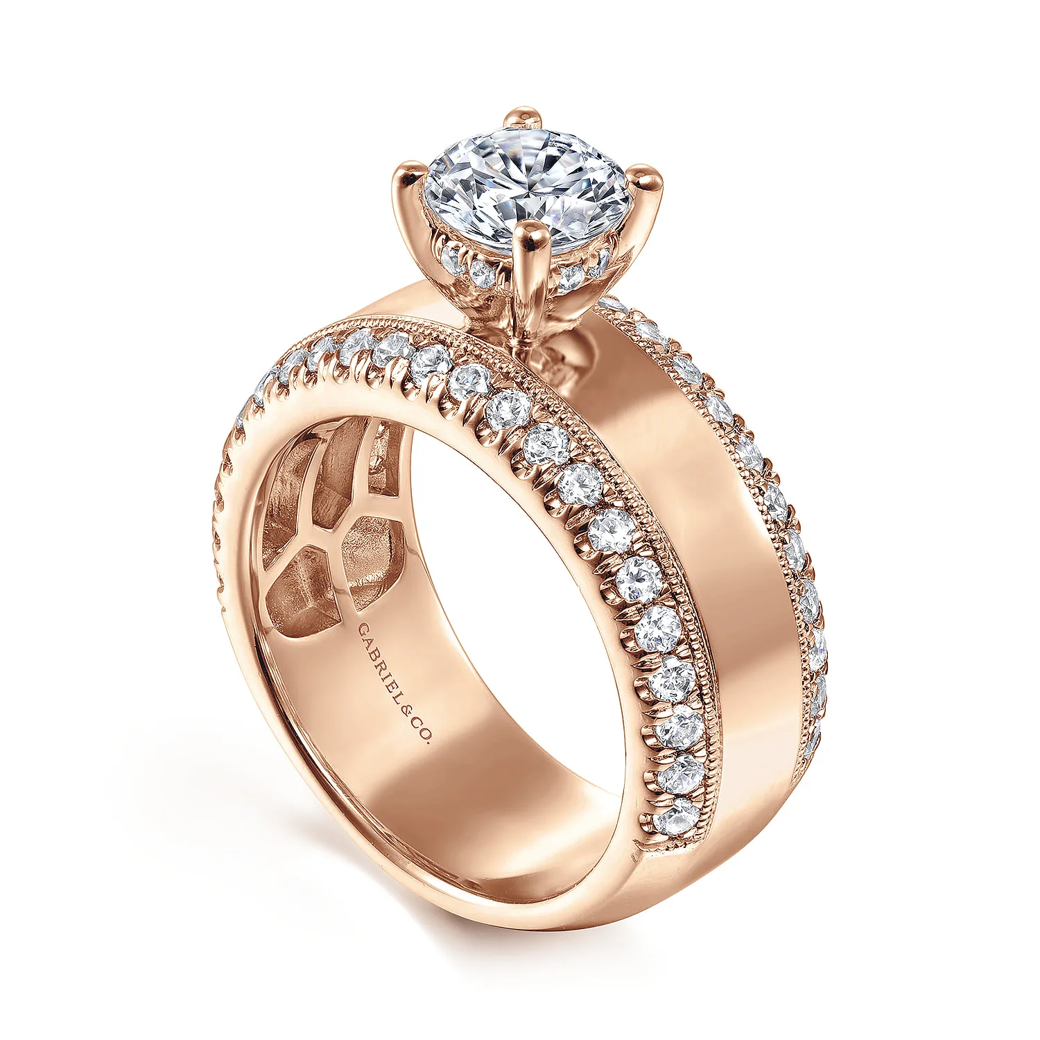 Round Wide Band Diamond Engagement Ring in 14K Rose Gold, photograph 3