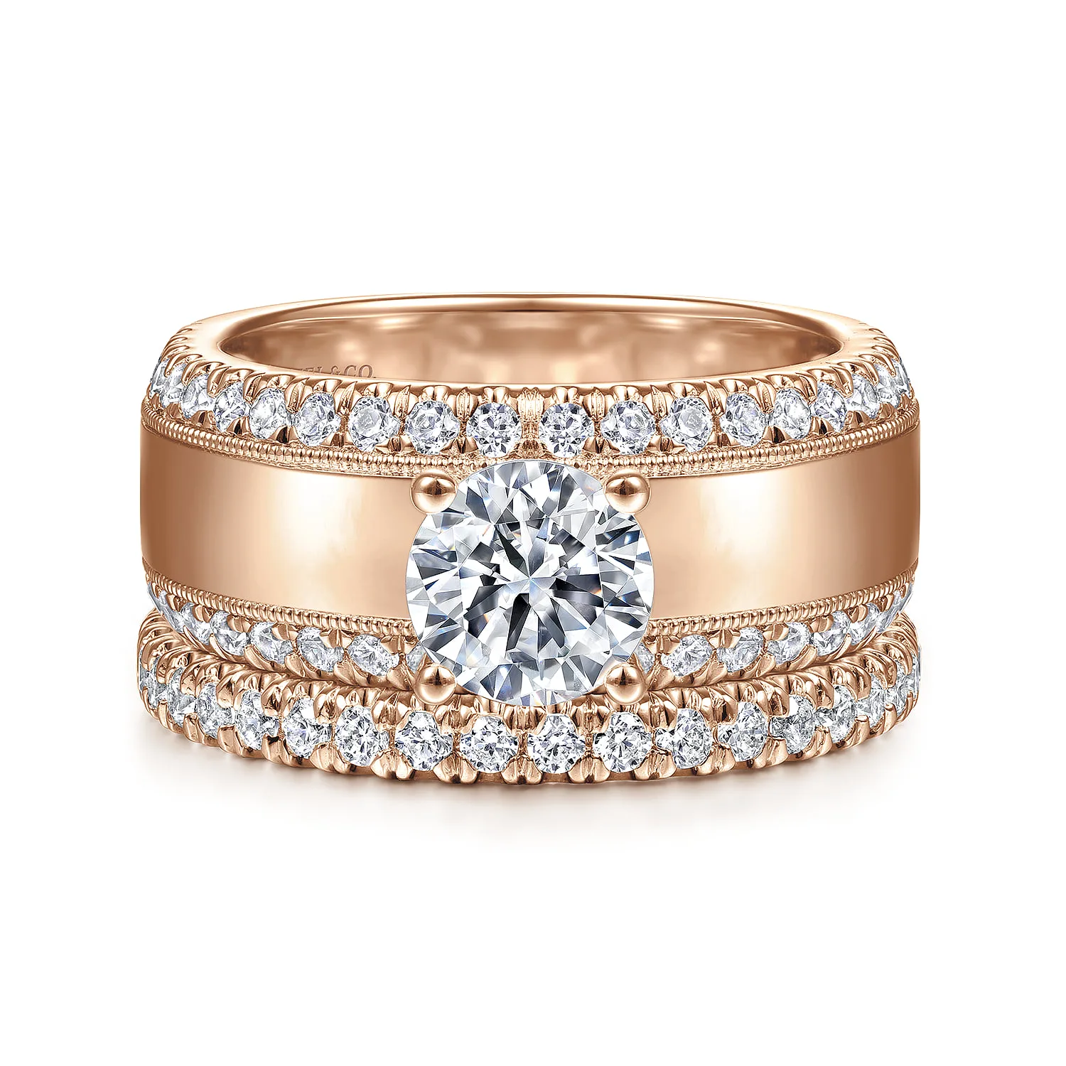Round Wide Band Diamond Engagement Ring in 14K Rose Gold, photograph 4
