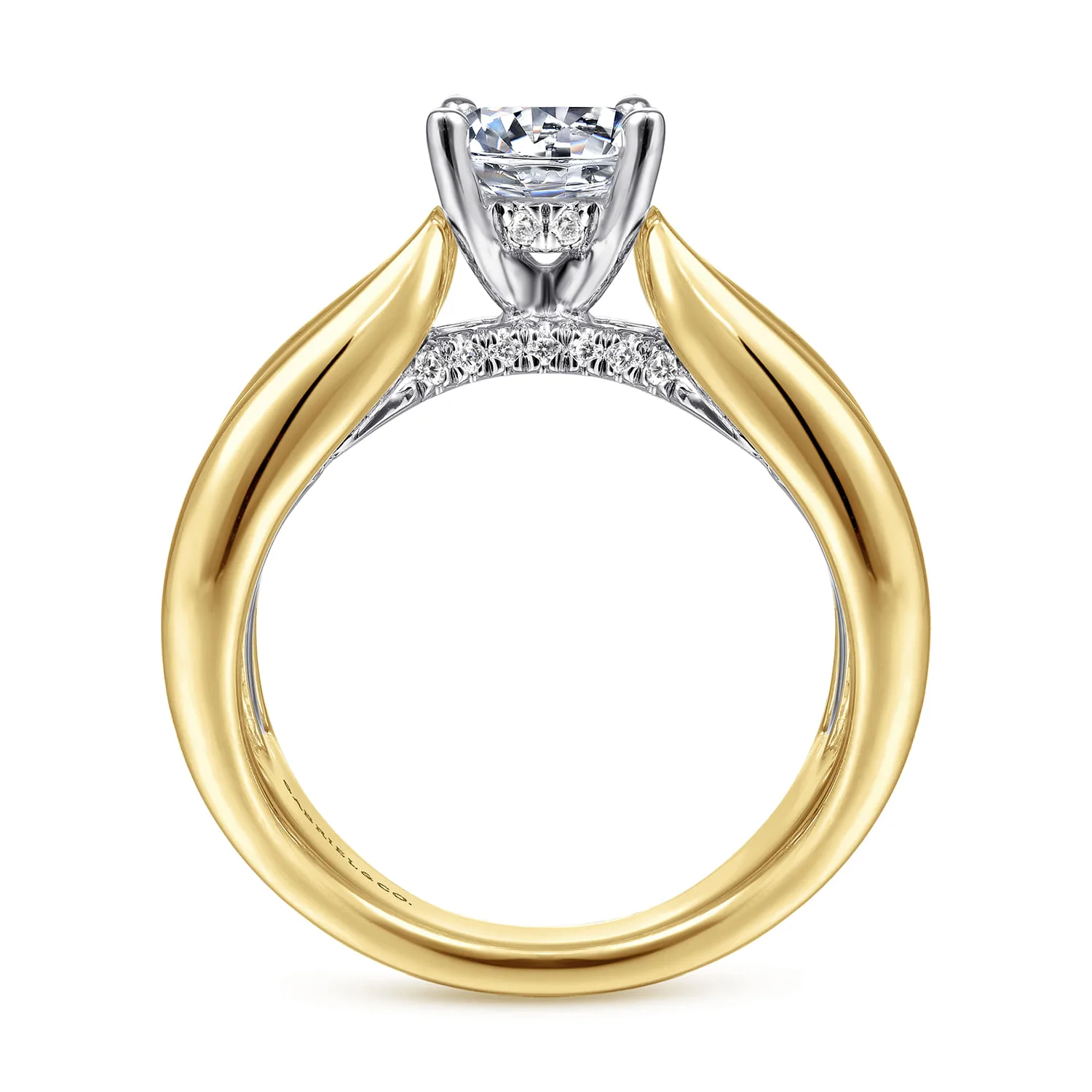 Round Wide Band Diamond Engagement Ring in 14K White/Yellow Gold, photograph 2