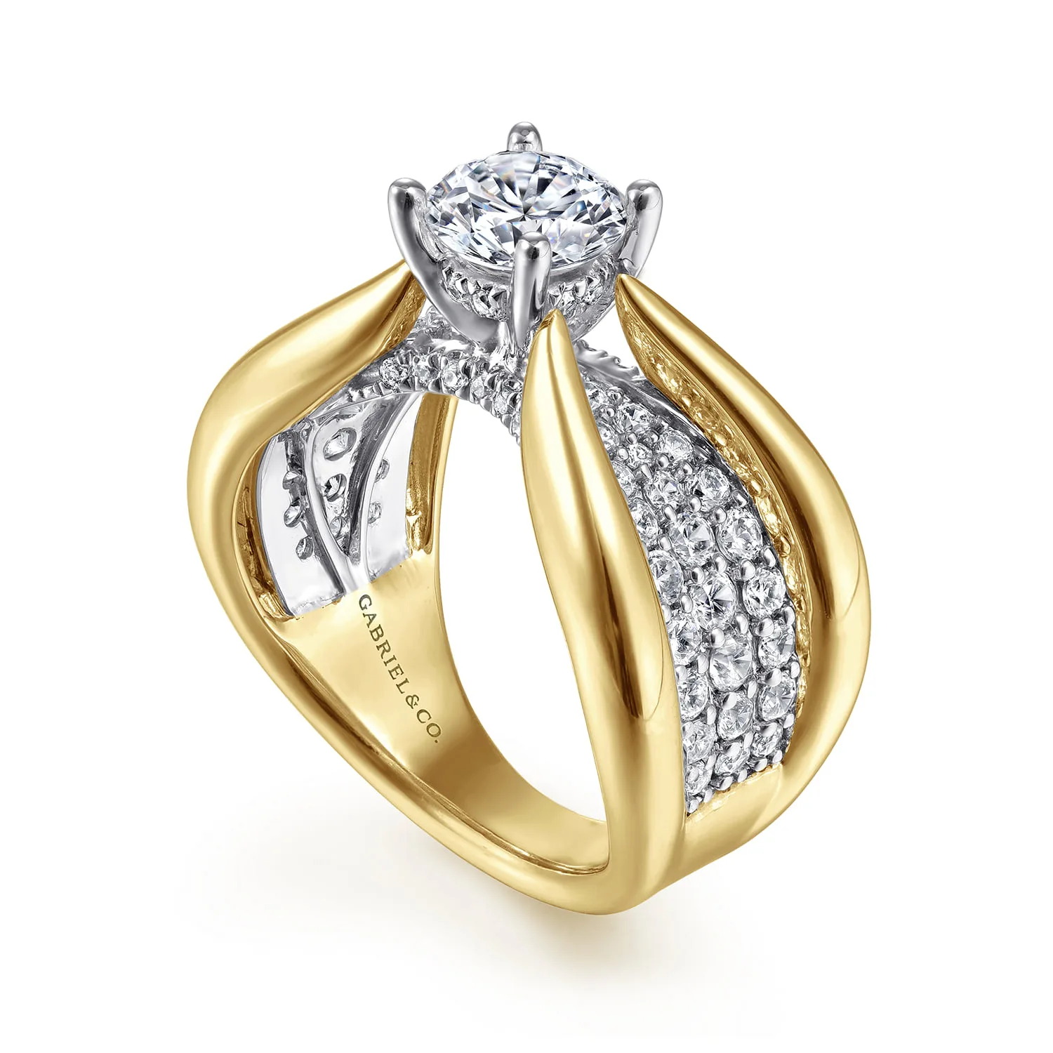 Round Wide Band Diamond Engagement Ring in 14K White/Yellow Gold, photograph 3