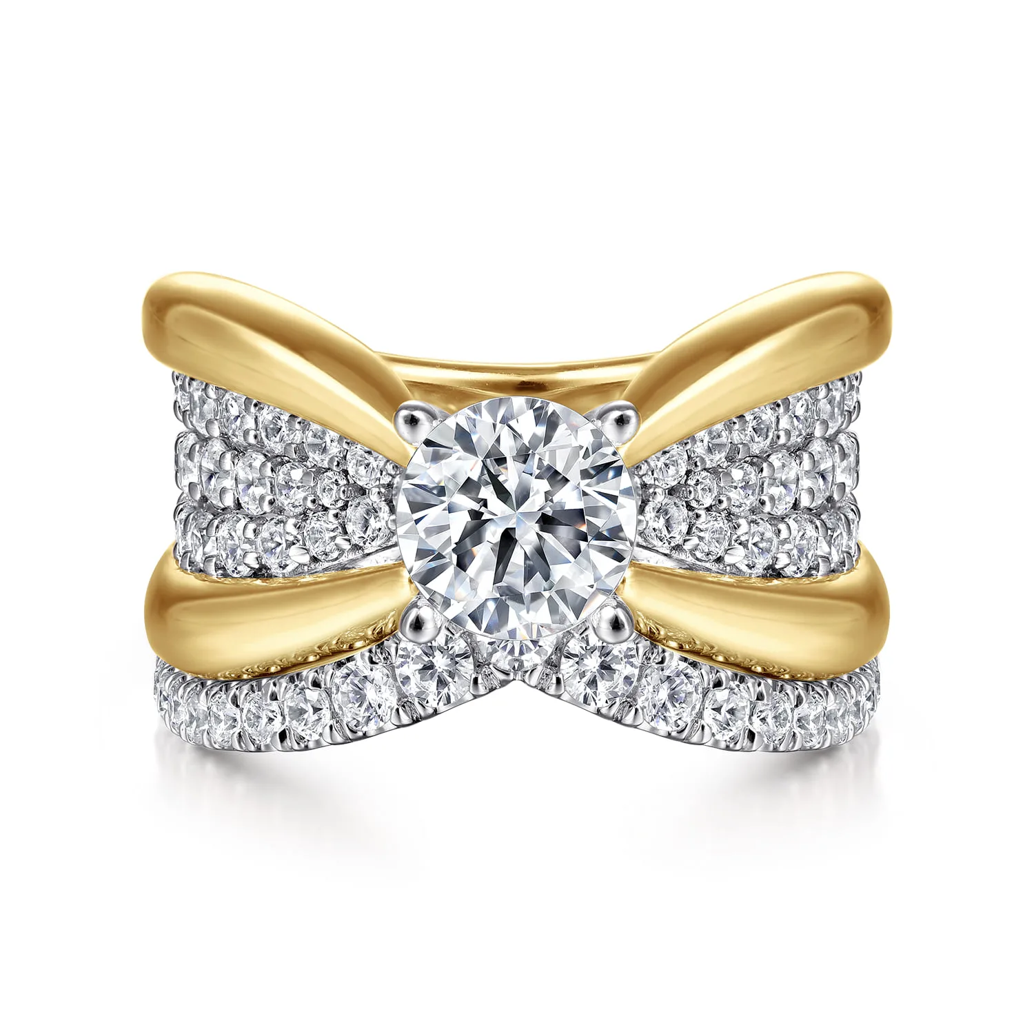 Round Wide Band Diamond Engagement Ring in 14K White/Yellow Gold, photograph 4