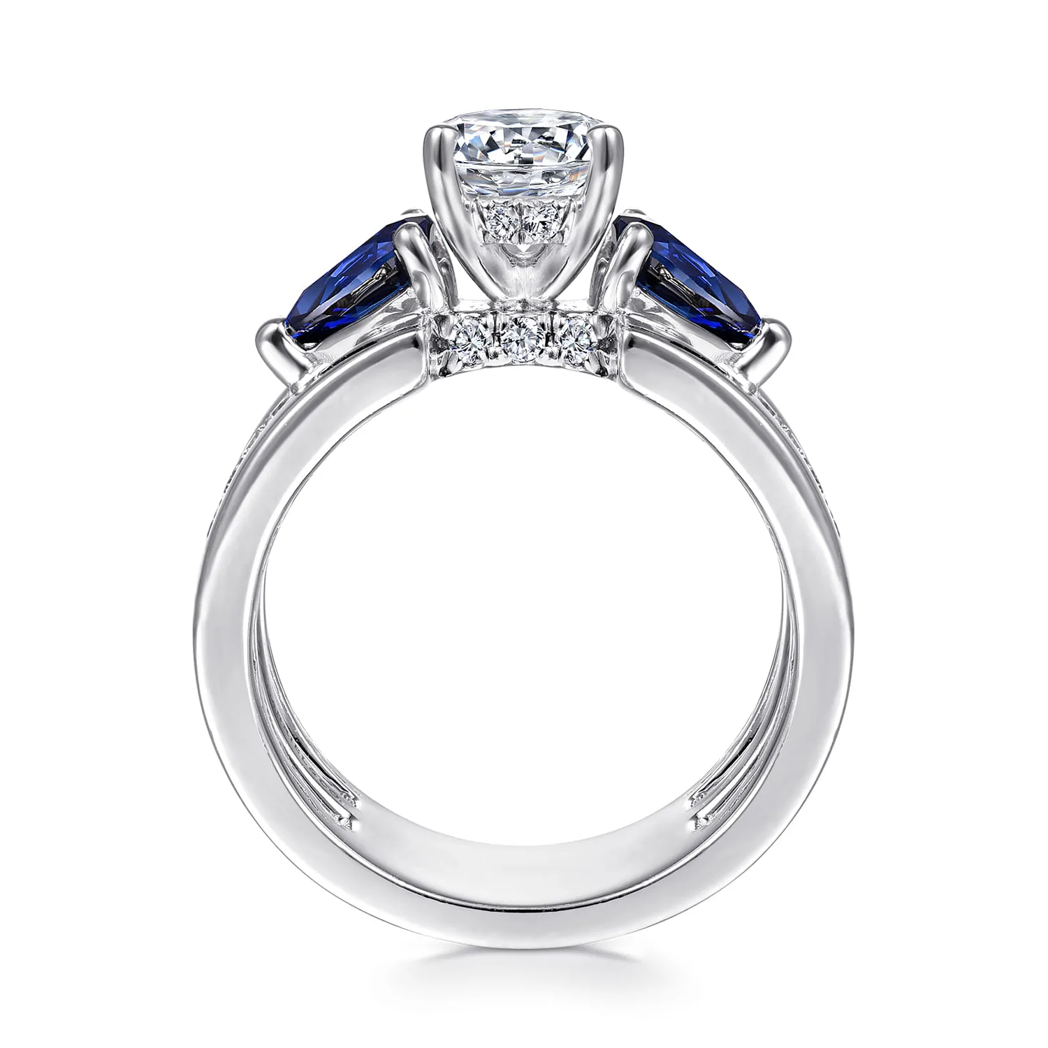 Round 3 Stone Sapphire and Diamond Engagement Ring in 14K White Gold, photograph 2