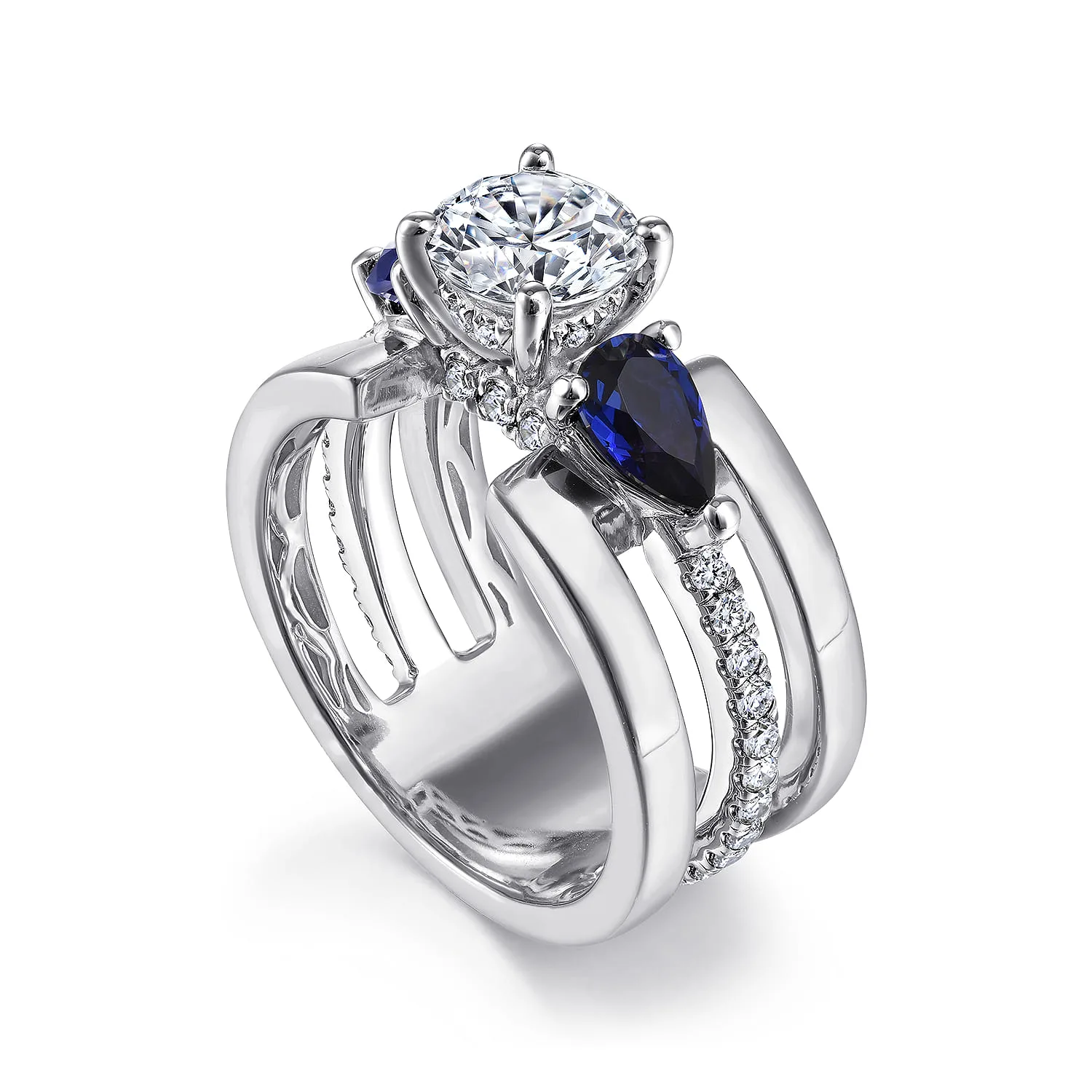 Round 3 Stone Sapphire and Diamond Engagement Ring in 14K White Gold, photograph 3