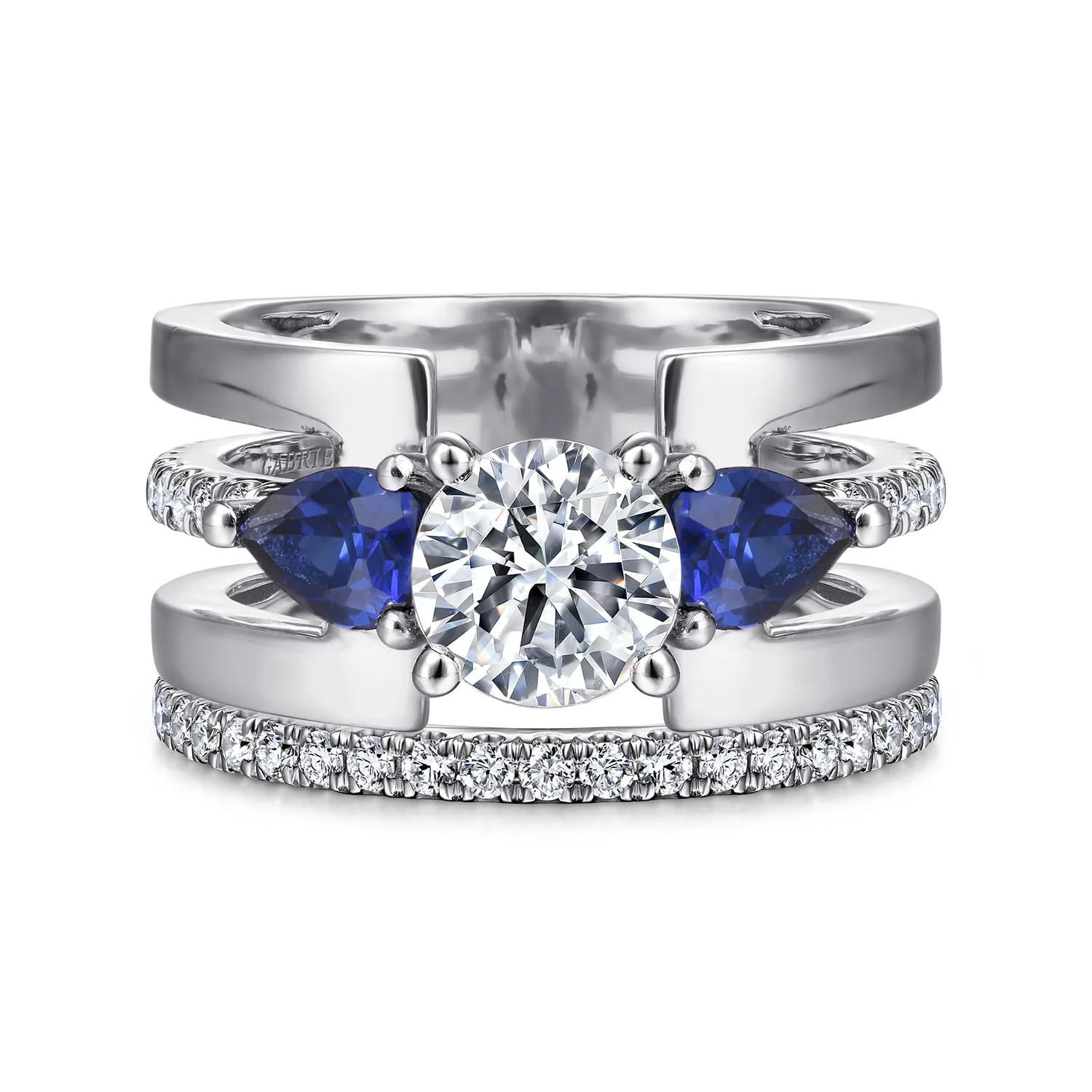Round 3 Stone Sapphire and Diamond Engagement Ring in 14K White Gold, photograph 4