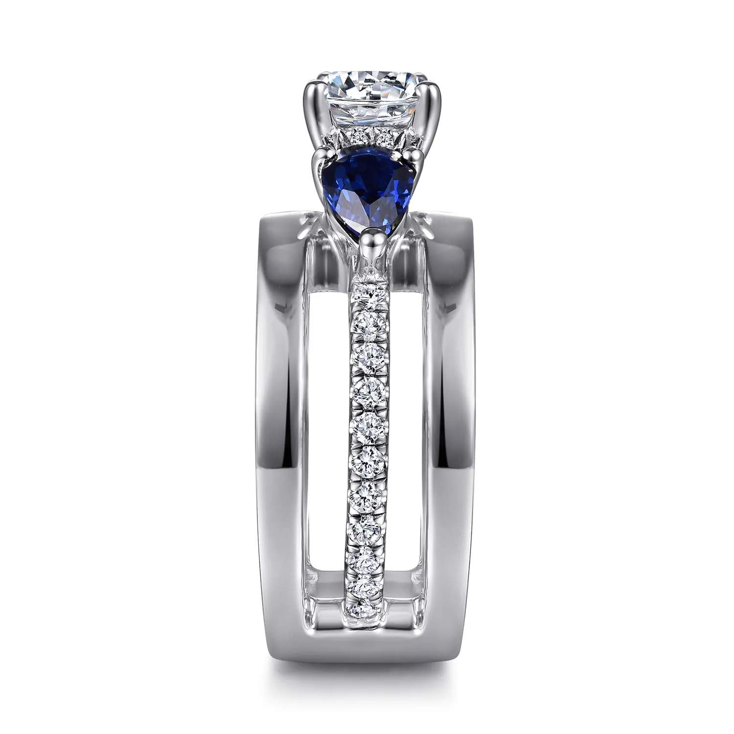 Round 3 Stone Sapphire and Diamond Engagement Ring in 14K White Gold, photograph 5