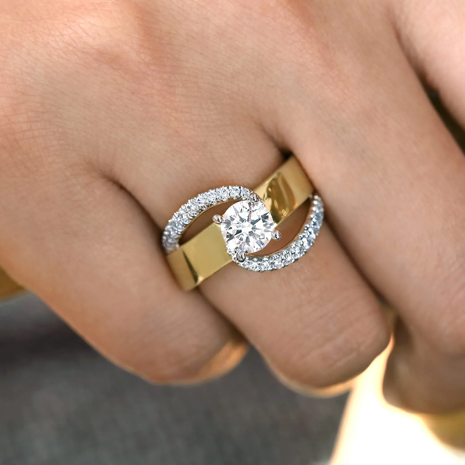 Round Bypass Diamond Engagement Ring in 14K White/Yellow Gold, photograph 6