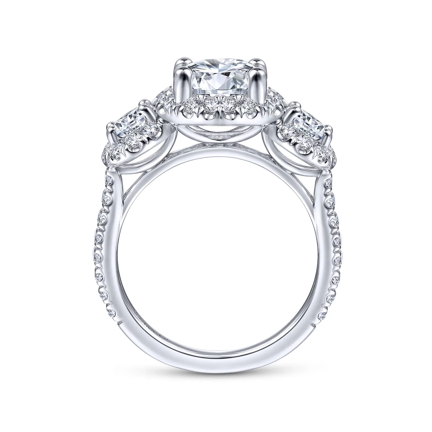 Round 3 Stone Halo Diamond Engagement Ring in 14K White Gold, photograph 2