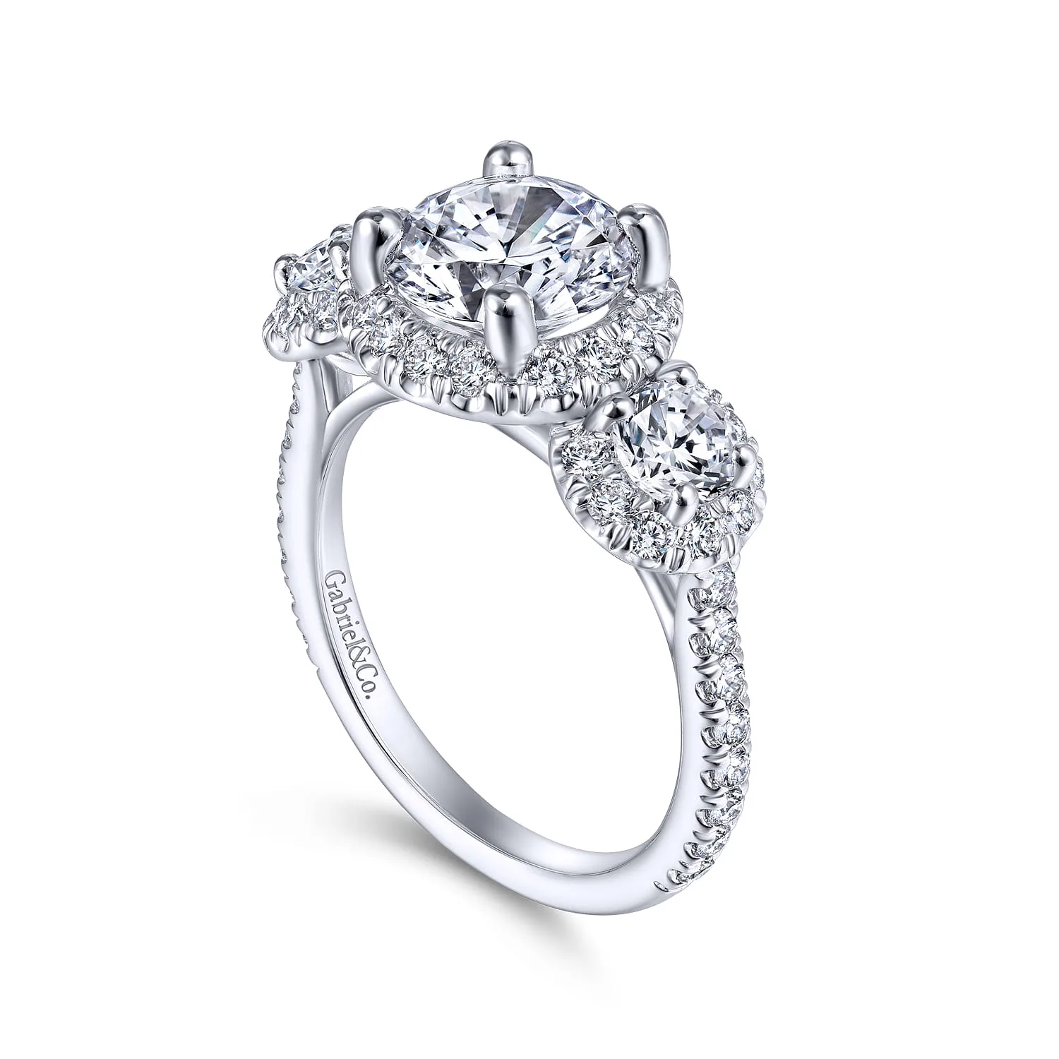 Round 3 Stone Halo Diamond Engagement Ring in 14K White Gold, photograph 3