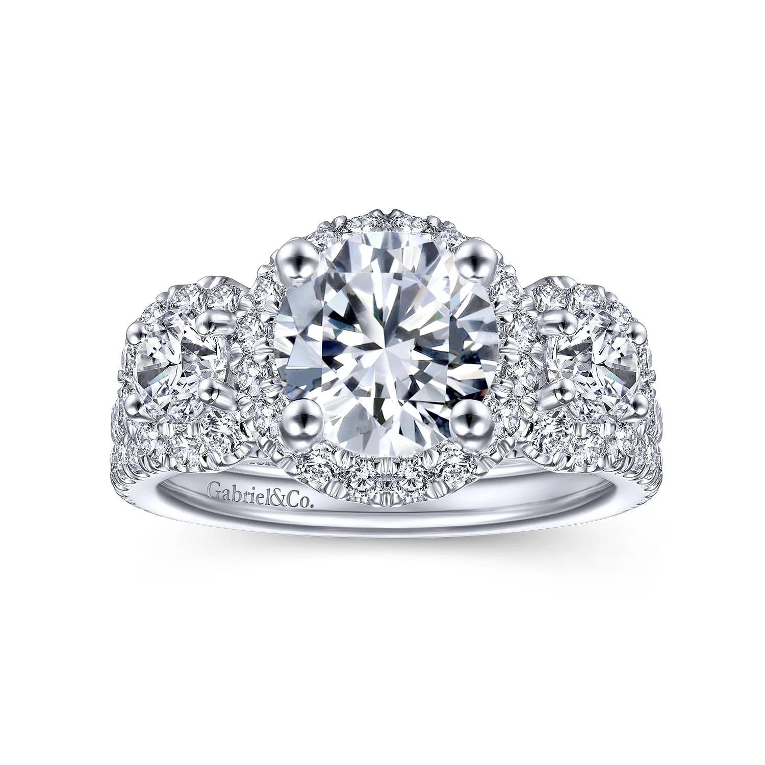 Round 3 Stone Halo Diamond Engagement Ring in 14K White Gold, photograph 4