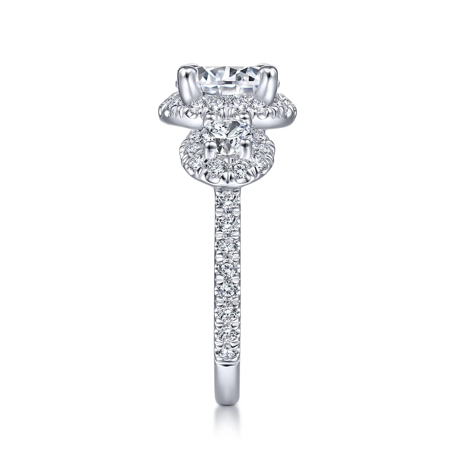 Round 3 Stone Halo Diamond Engagement Ring in 14K White Gold, photograph 5