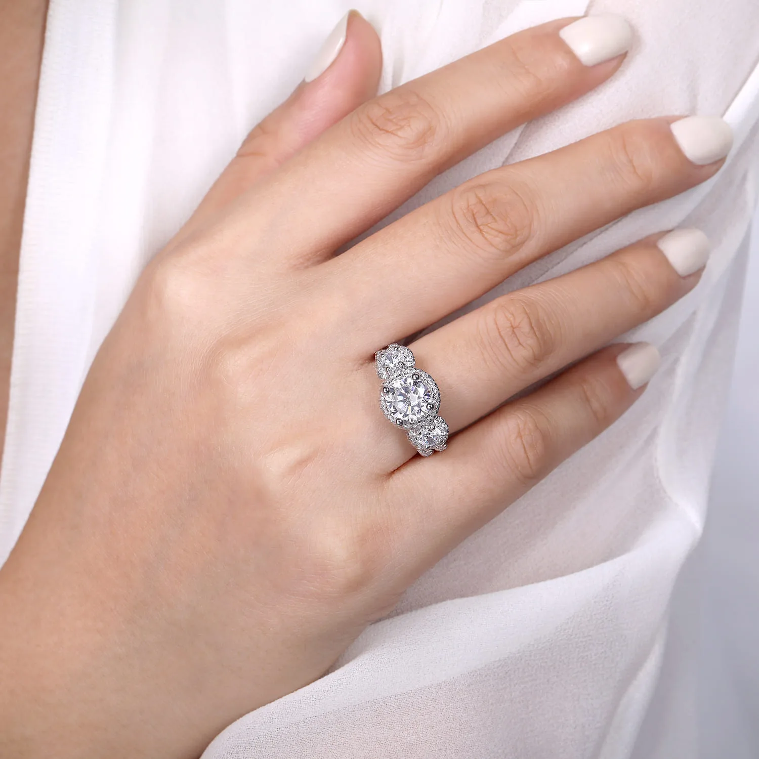 Round 3 Stone Halo Diamond Engagement Ring in 14K White Gold, photograph 6