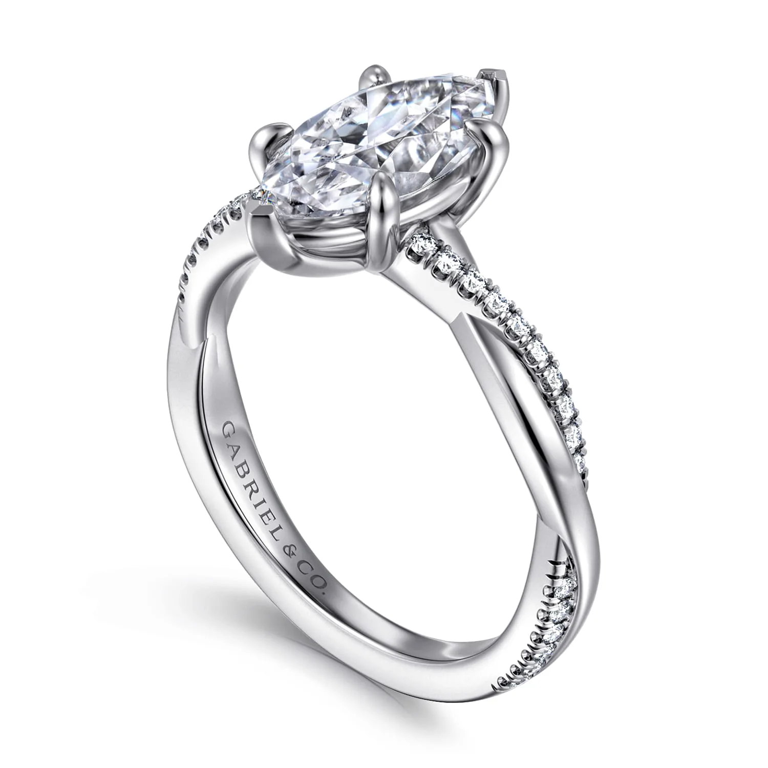 Emerald Marquise Shape Twisted Diamond Engagement Ring in Platinum, photograph 3