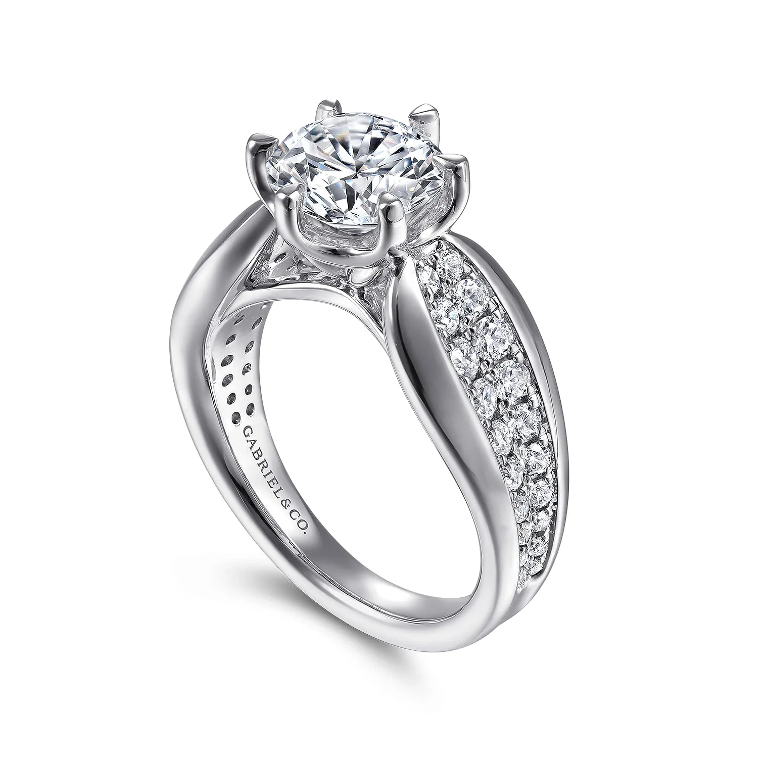 Round 6 Prong Wide Band Diamond Engagement Ring in 14K White Gold, photograph 3