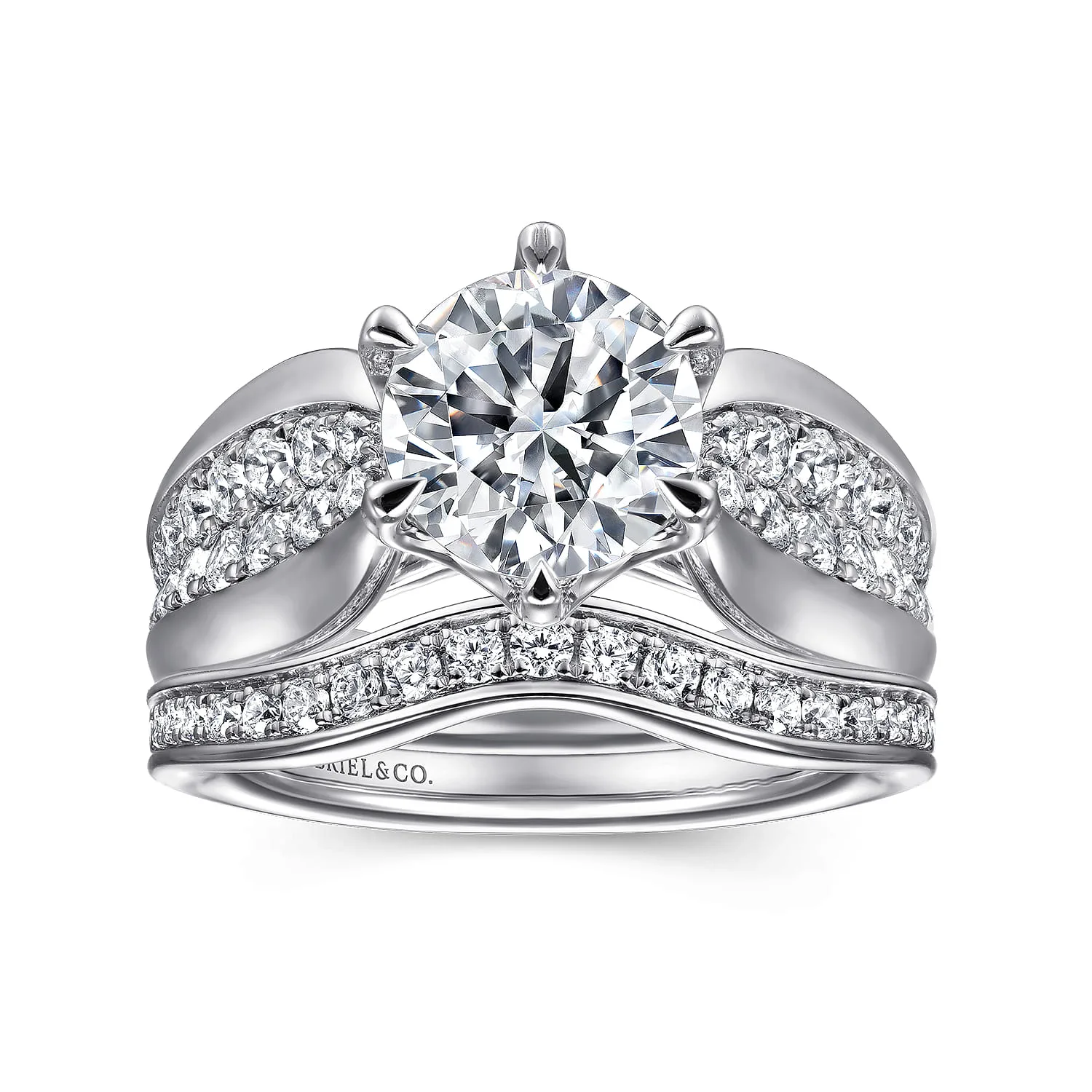 Round 6 Prong Wide Band Diamond Engagement Ring in 14K White Gold, photograph 4