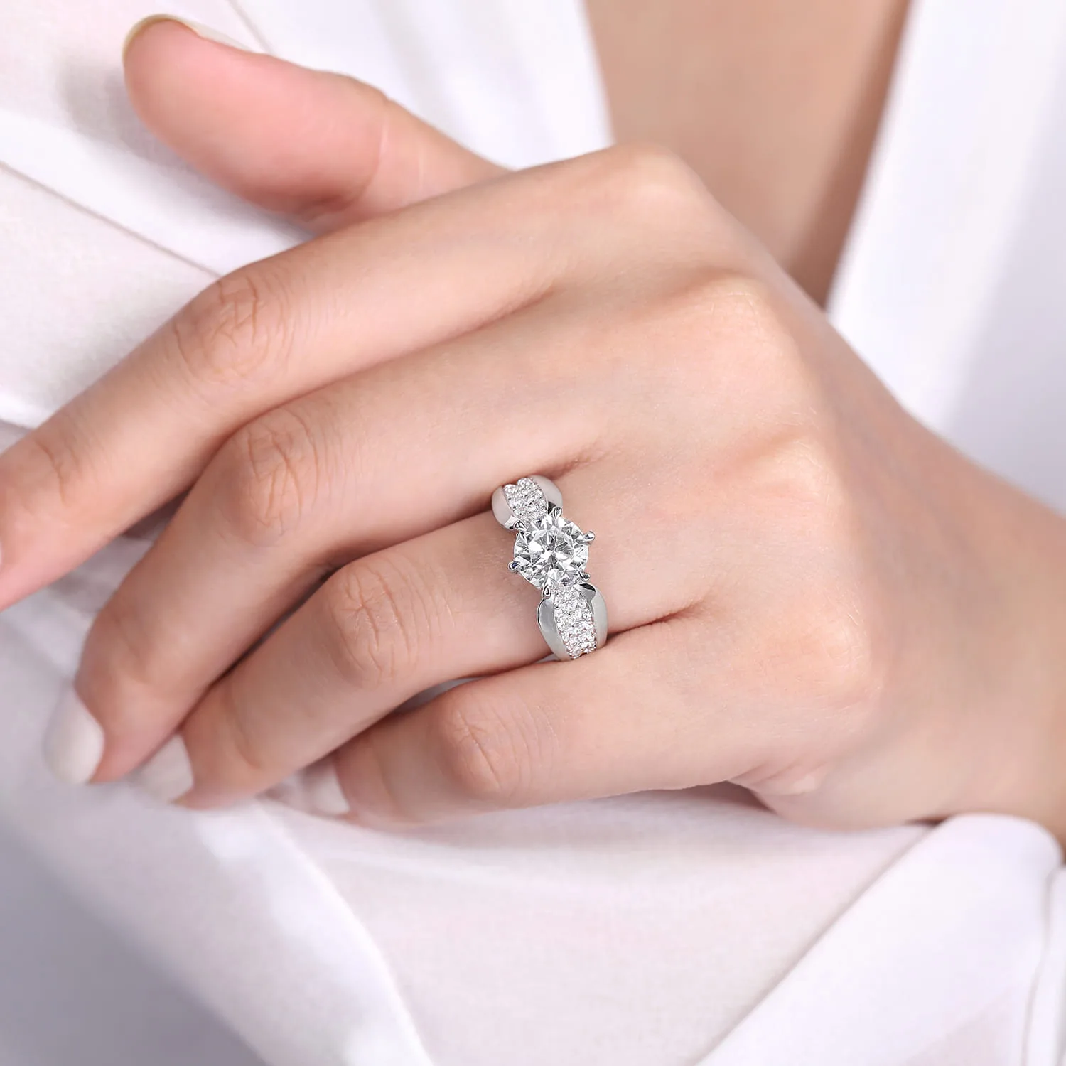 Round 6 Prong Wide Band Diamond Engagement Ring in 14K White Gold, photograph 6
