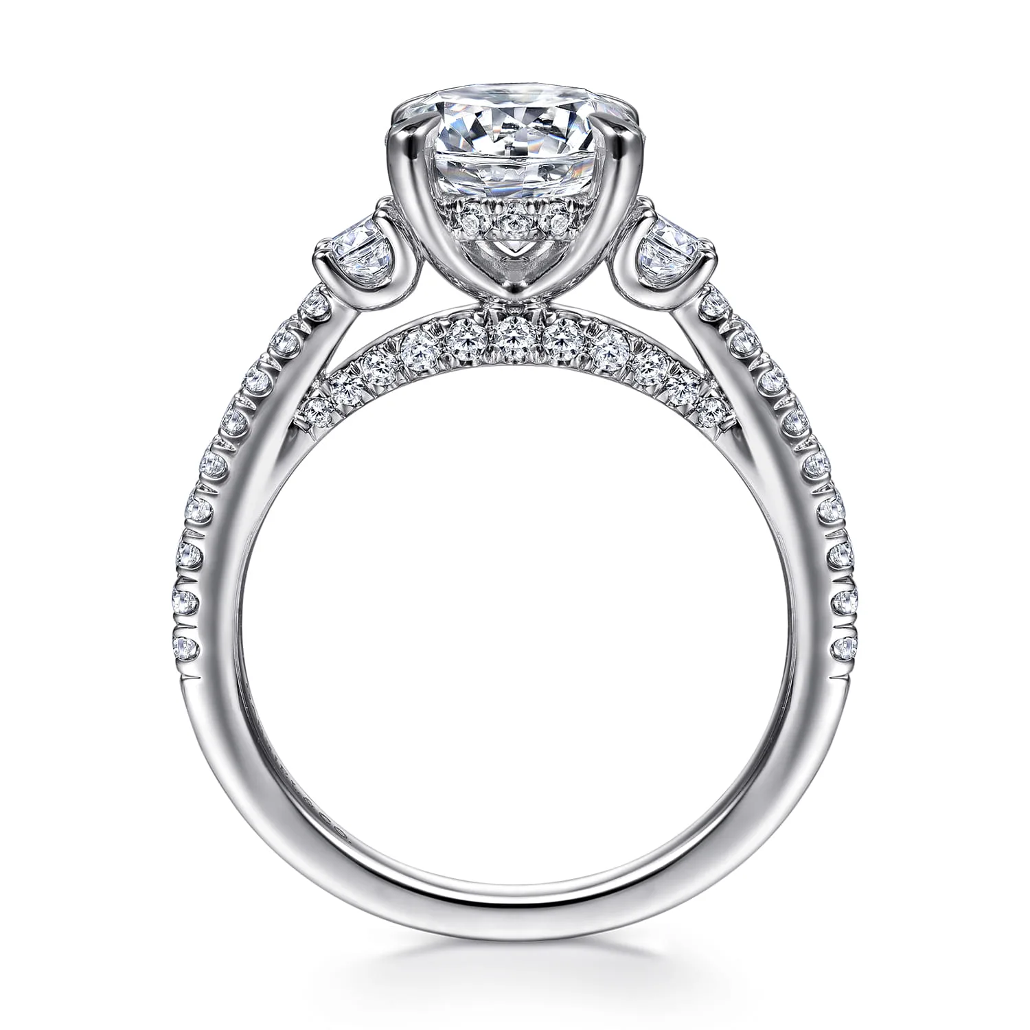 Round Three Stone Diamond Engagement Ring in 14K White Gold, photograph 2
