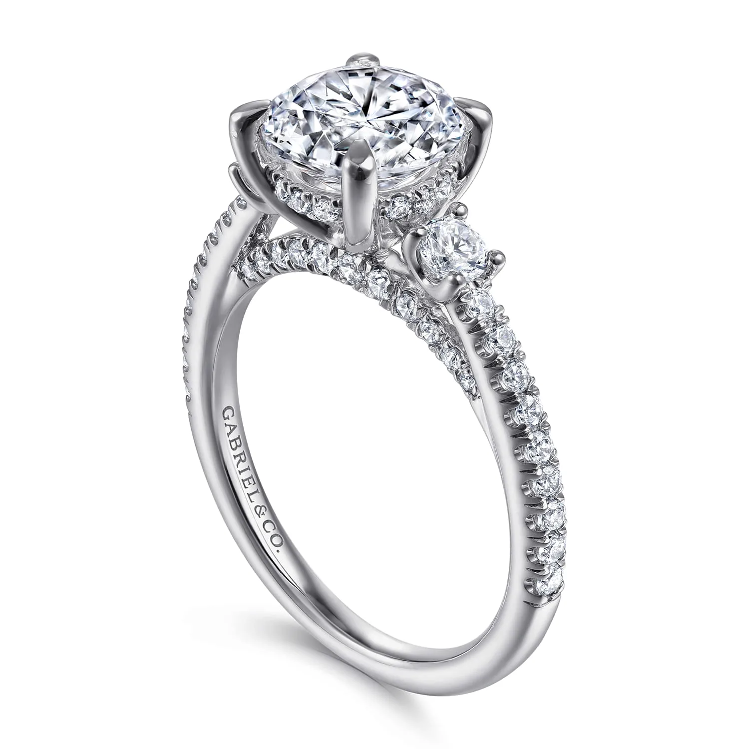 Round Three Stone Diamond Engagement Ring in 14K White Gold, photograph 3