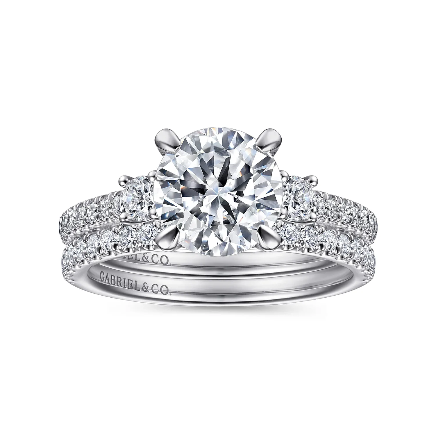 Round Three Stone Diamond Engagement Ring in 14K White Gold, photograph 4