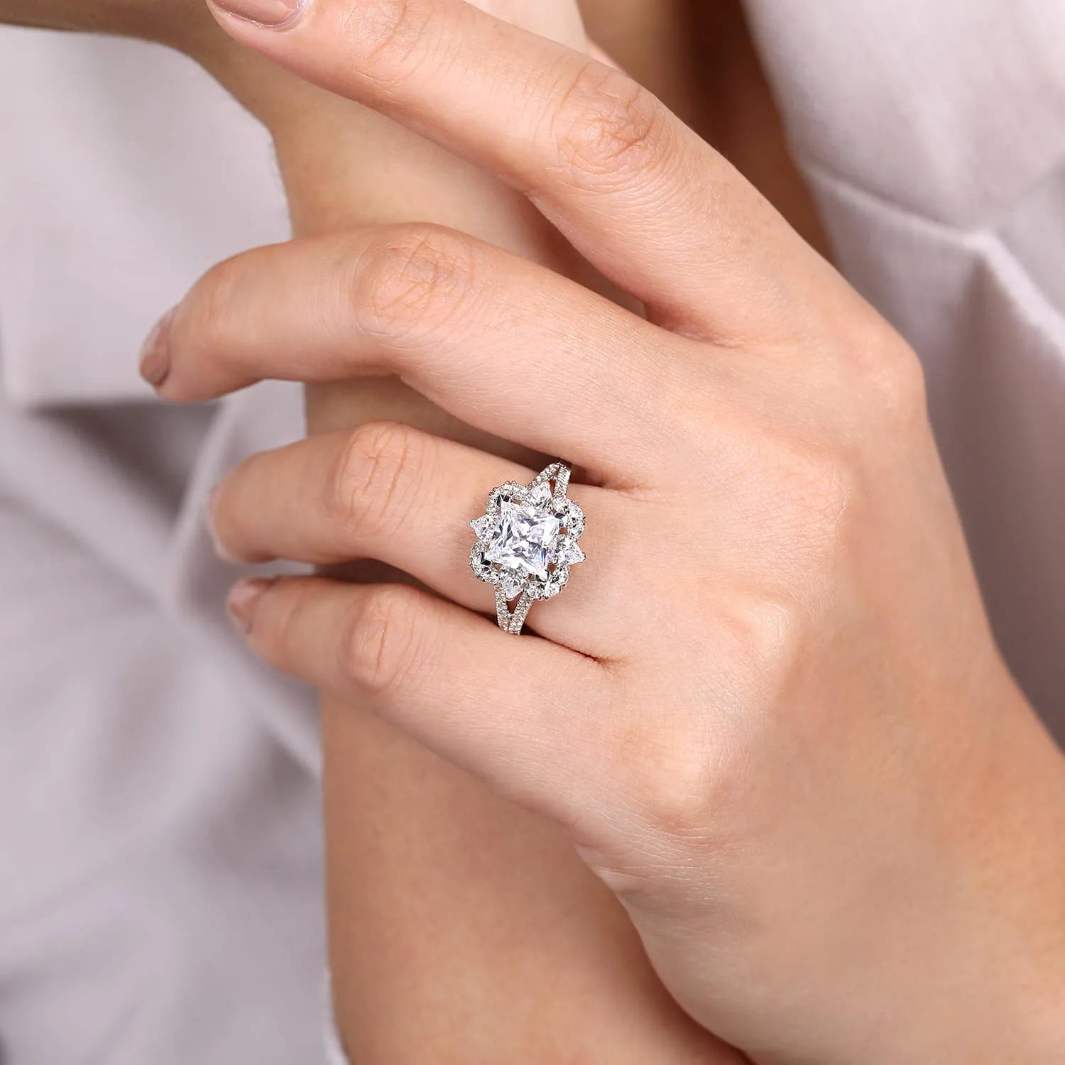Princess Fancy Halo Diamond Engagement Ring in 14K White Gold, photograph 6