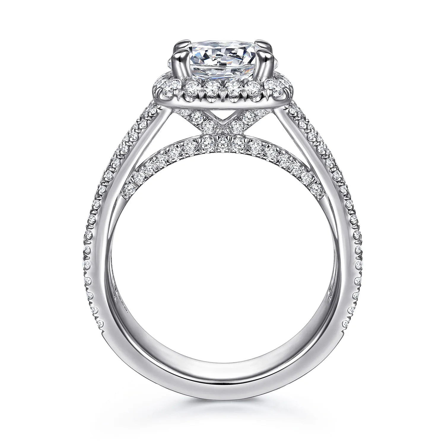 Round Halo Diamond Channel Set Engagement Ring in 14K White Gold, photograph 2