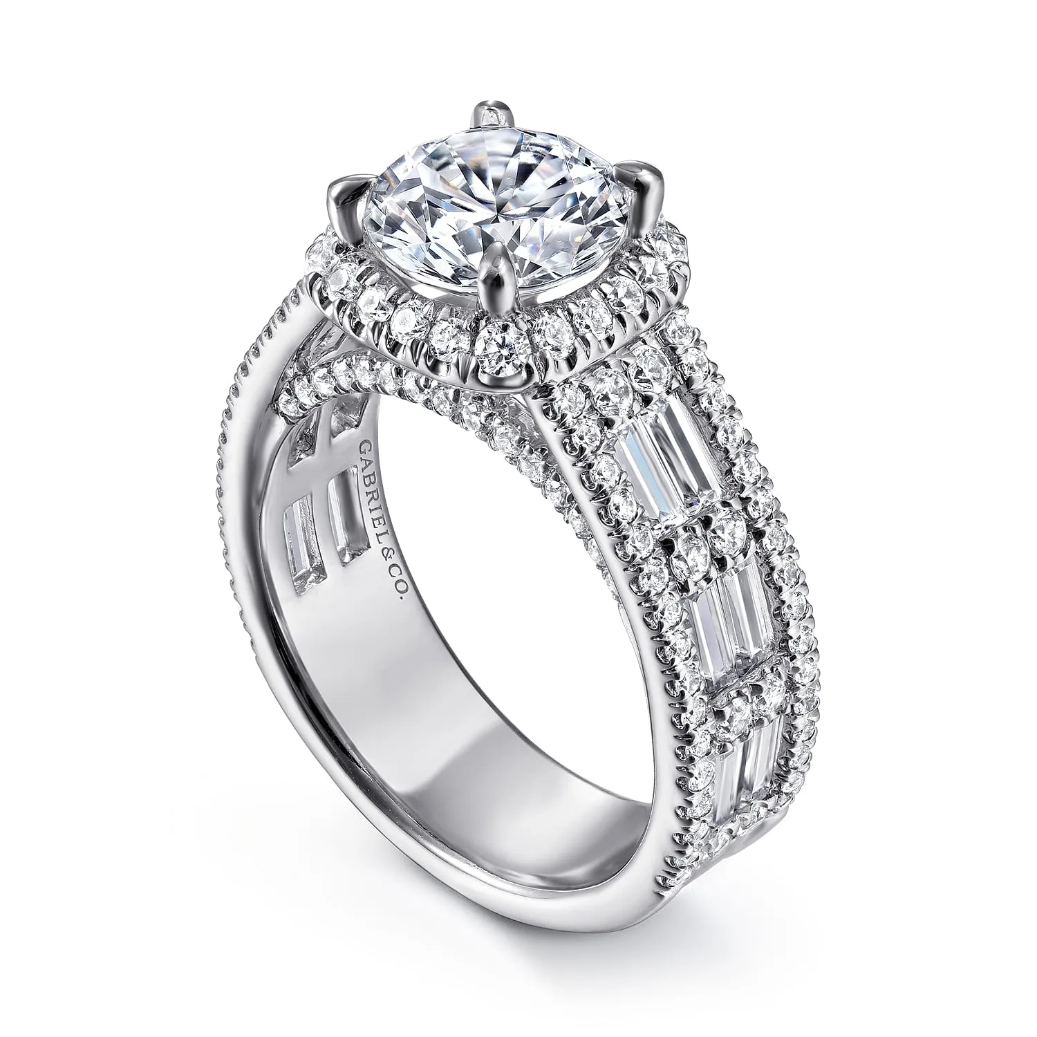 Round Halo Diamond Channel Set Engagement Ring in 14K White Gold, photograph 3