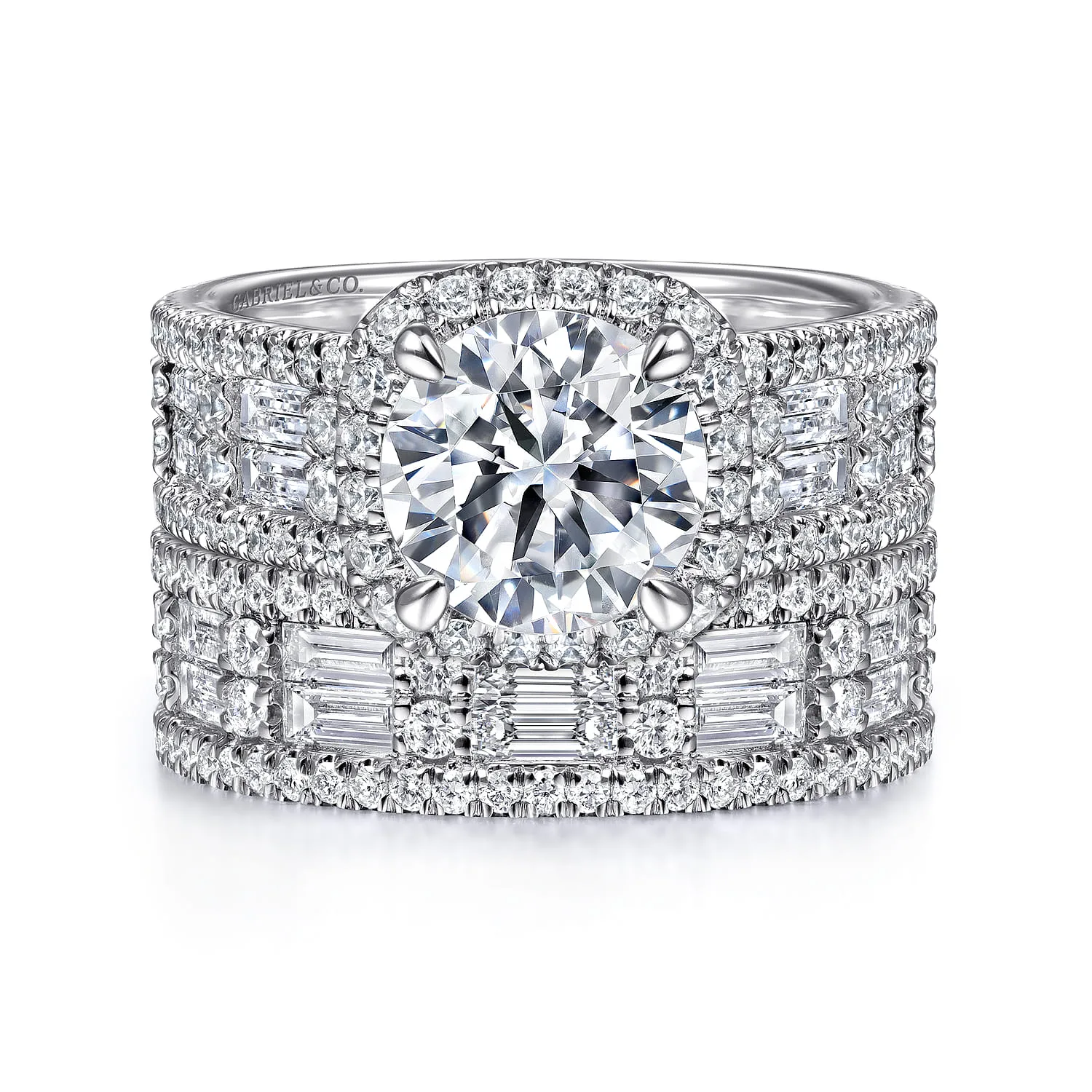 Round Halo Diamond Channel Set Engagement Ring in 14K White Gold, photograph 4