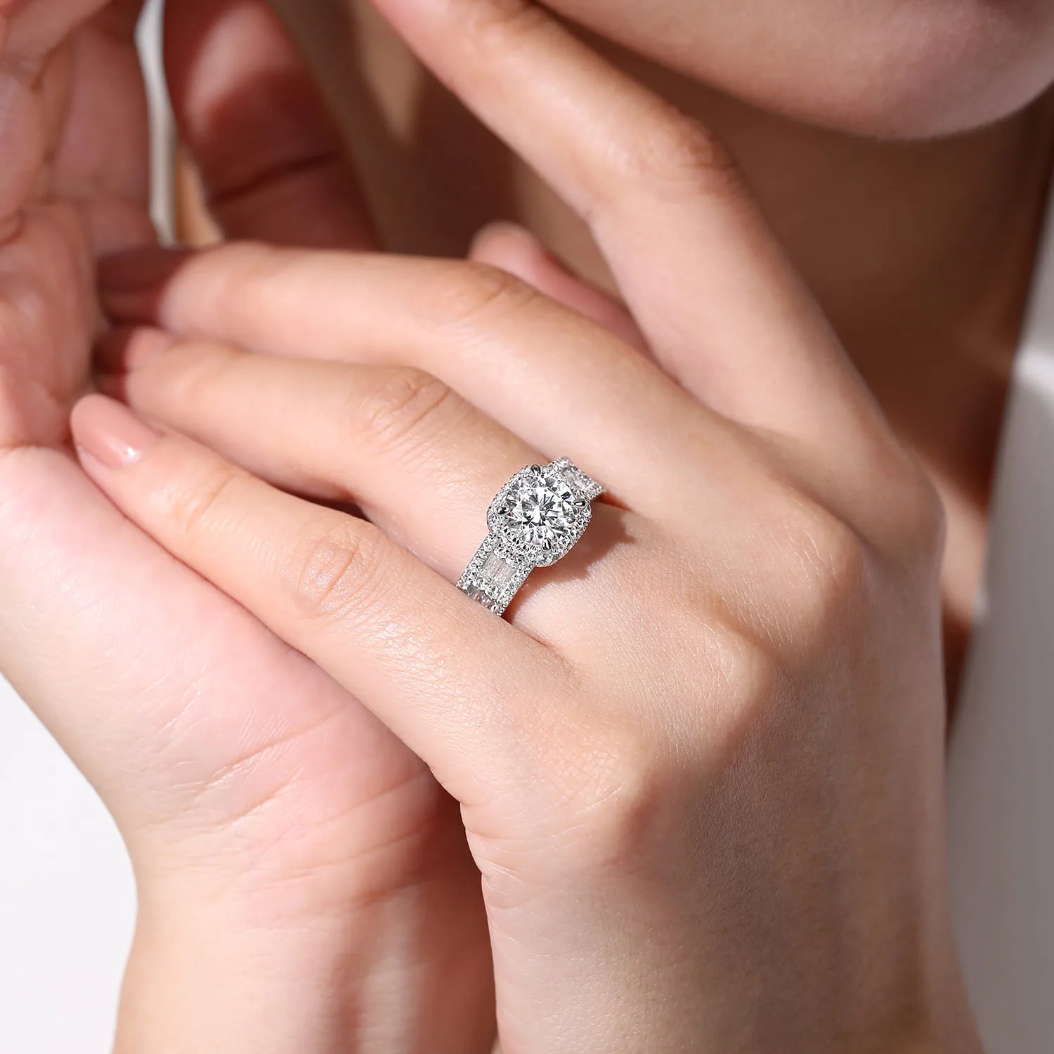 Round Halo Diamond Channel Set Engagement Ring in 14K White Gold, photograph 6