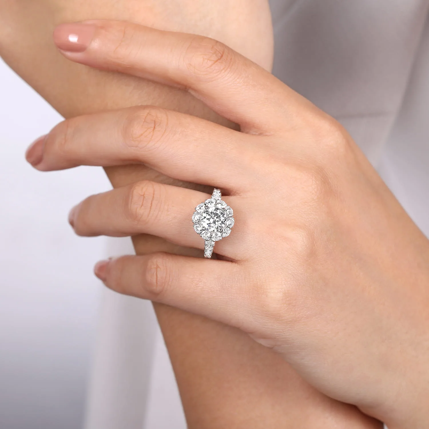 Round Halo Diamond Engagement Ring in 14K White Gold, photograph 6