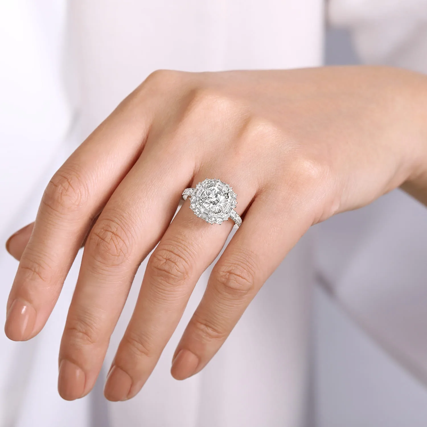 Cushion Double Halo Diamond Engagement Ring in 14K White Gold, photograph 6