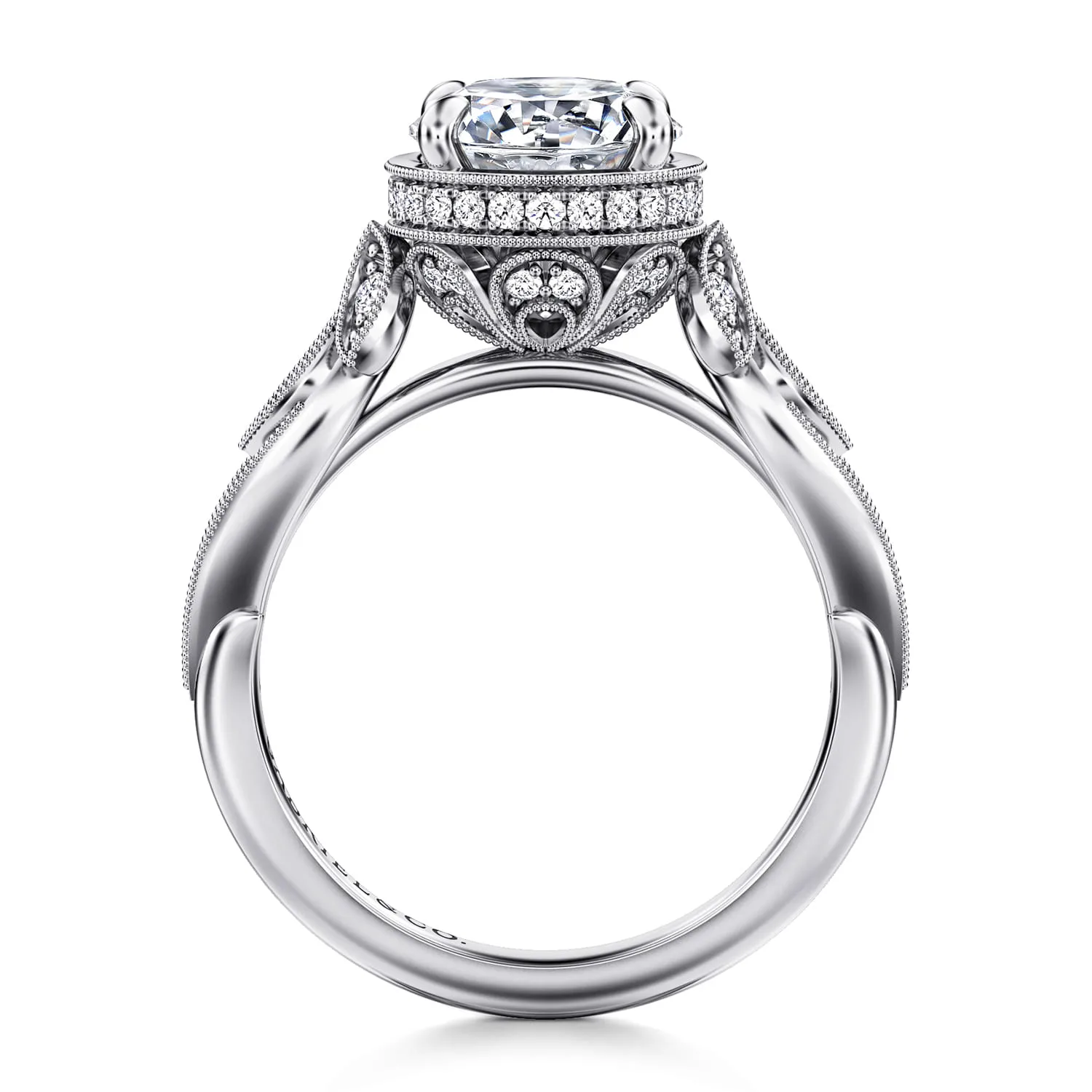 Round Floral Diamond Engagement Ring in 14K White Gold, photograph 2