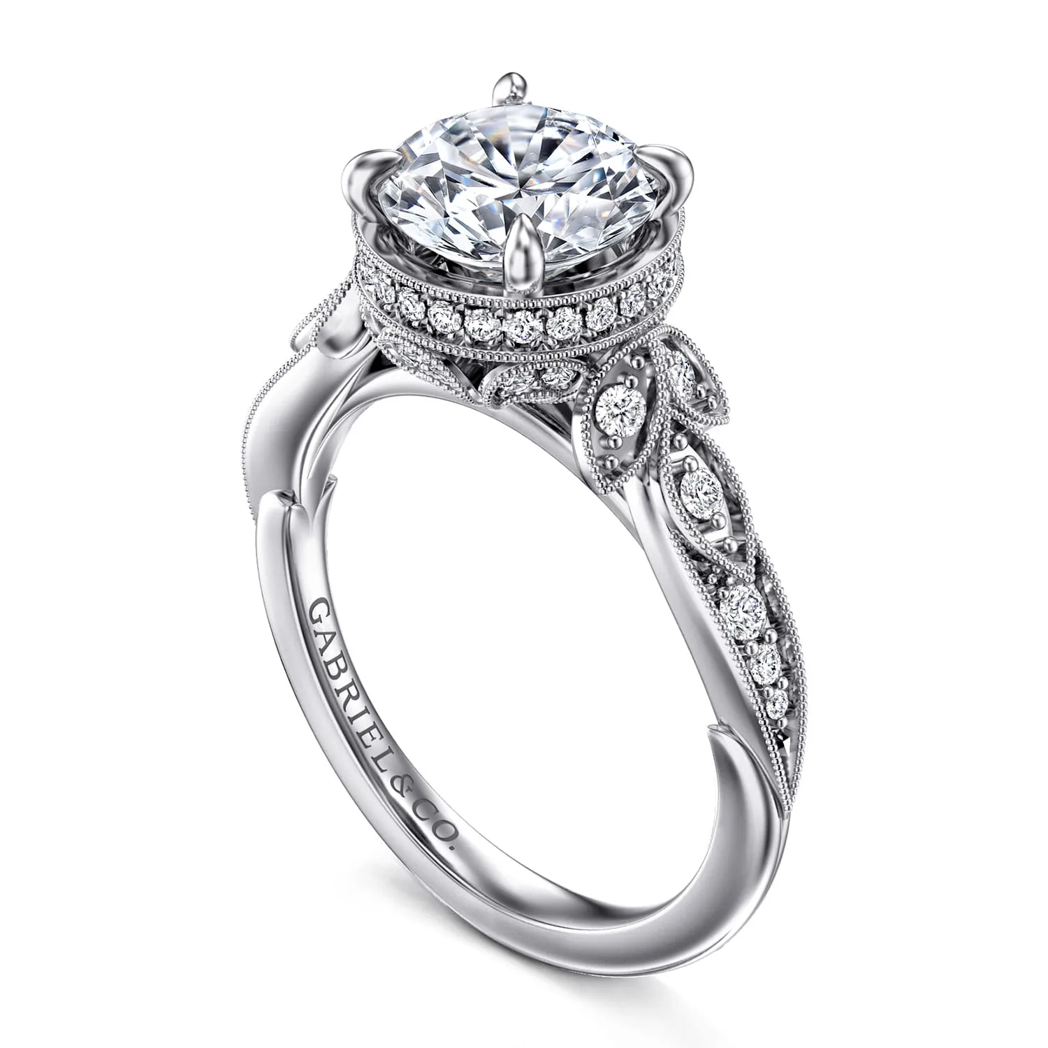 Round Floral Diamond Engagement Ring in 14K White Gold, photograph 3