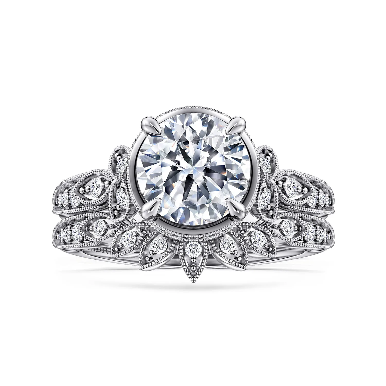 Round Floral Diamond Engagement Ring in 14K White Gold, photograph 4