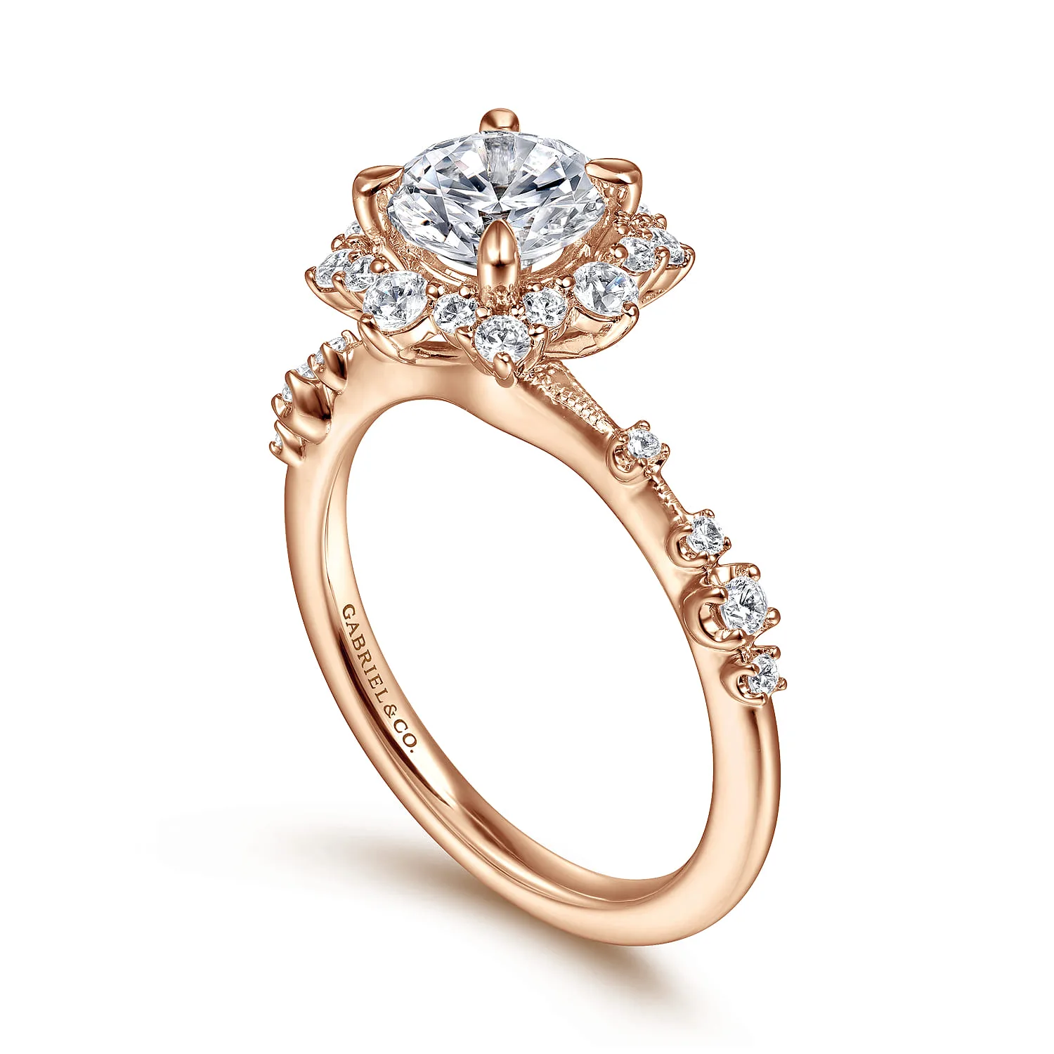 Round Fancy Halo Diamond Engagement Ring in 14K Rose Gold, photograph 3
