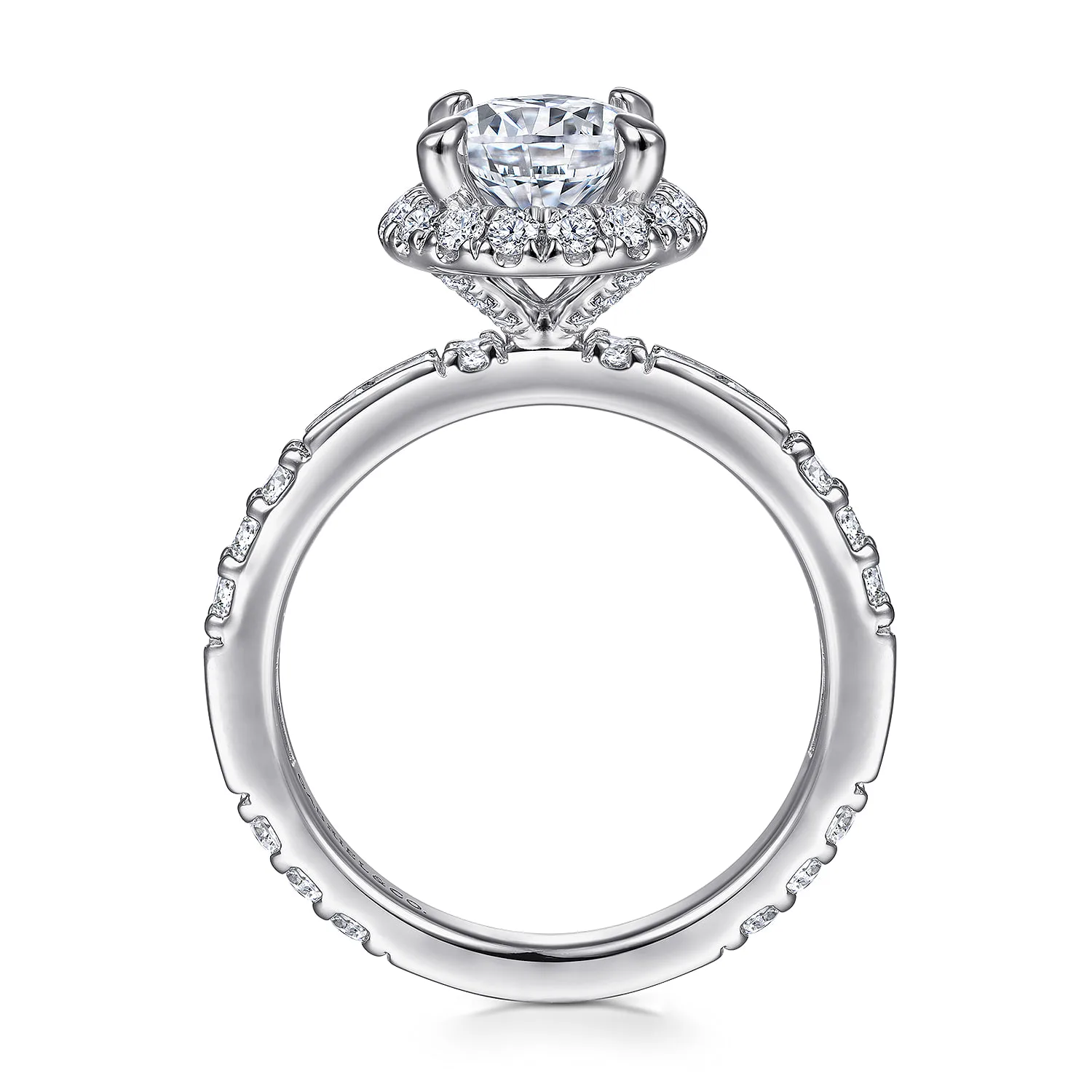 Round Halo Diamond Channel Set Engagement Ring in 14K White Gold, photograph 2