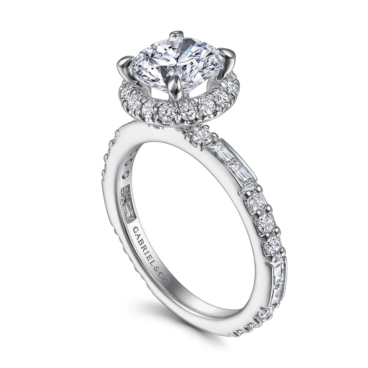 Round Halo Diamond Channel Set Engagement Ring in 14K White Gold, photograph 3