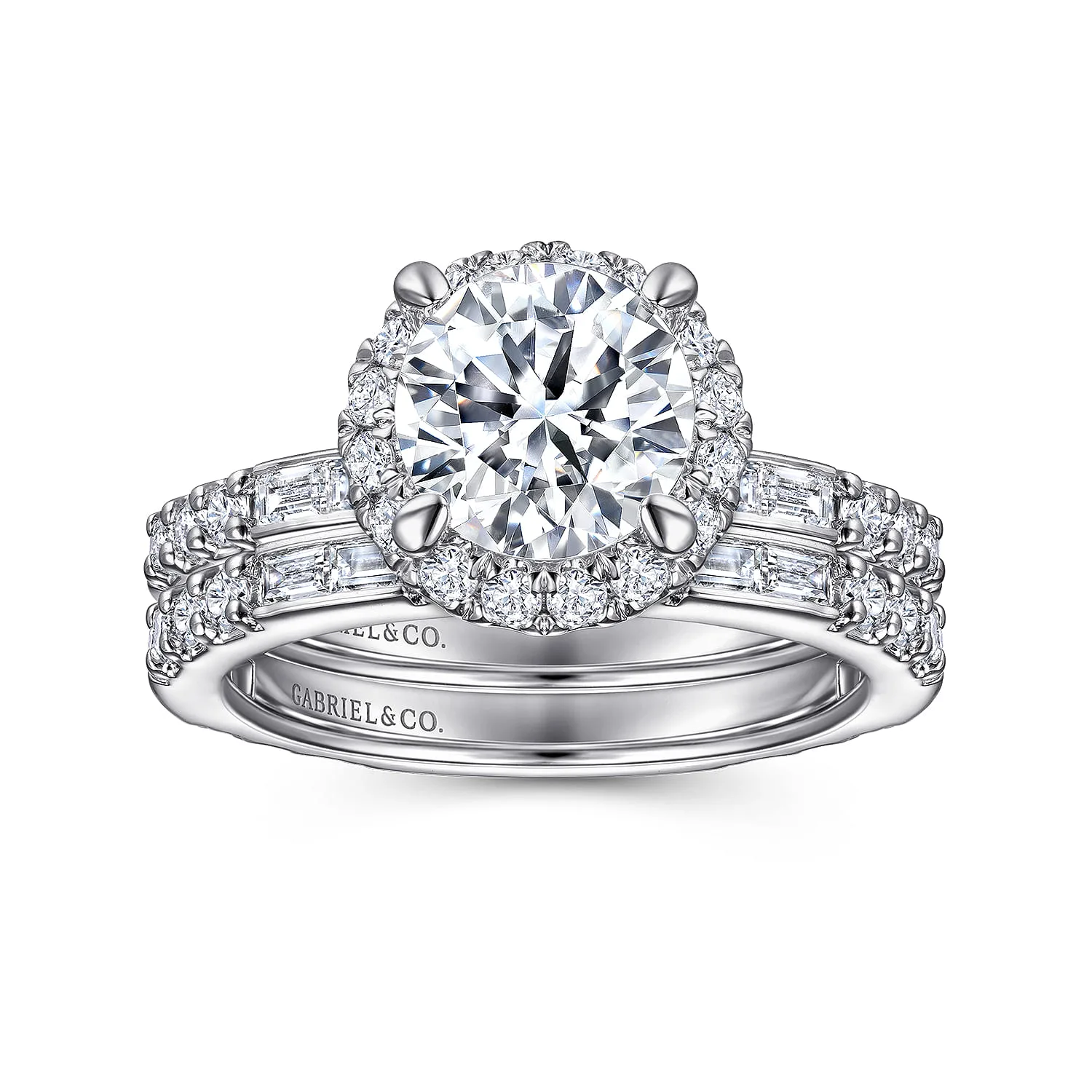 Round Halo Diamond Channel Set Engagement Ring in 14K White Gold, photograph 4