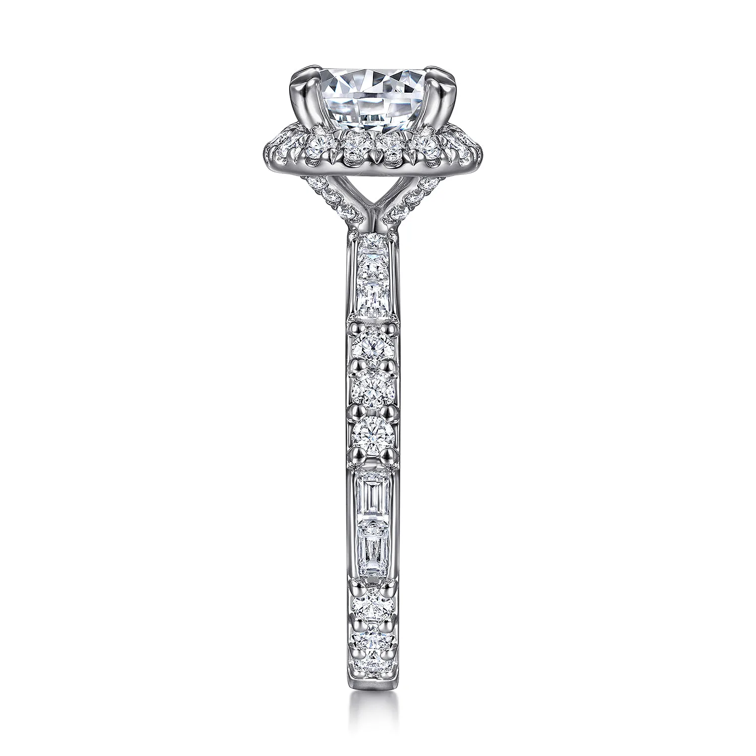 Round Halo Diamond Channel Set Engagement Ring in 14K White Gold, photograph 5