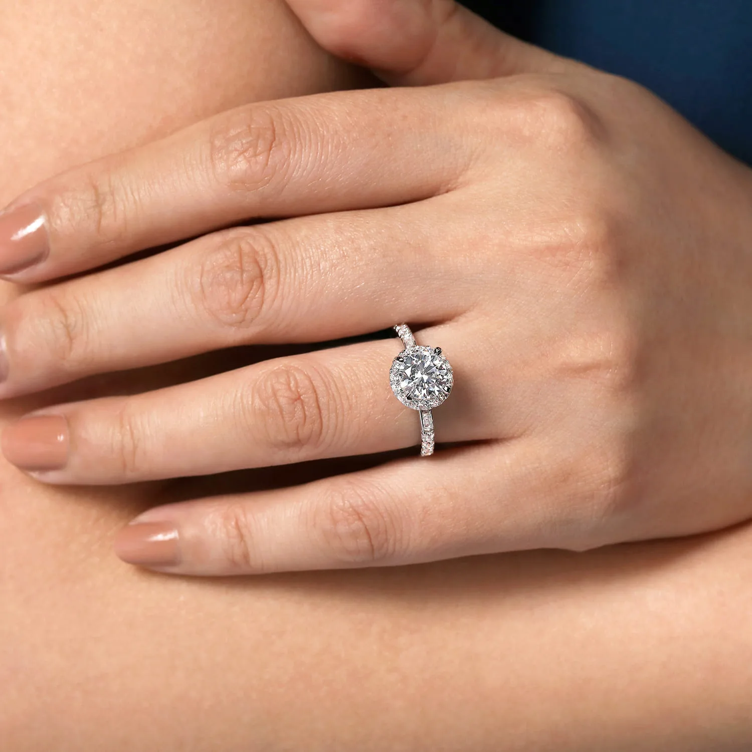 Round Halo Diamond Channel Set Engagement Ring in 14K White Gold, photograph 6