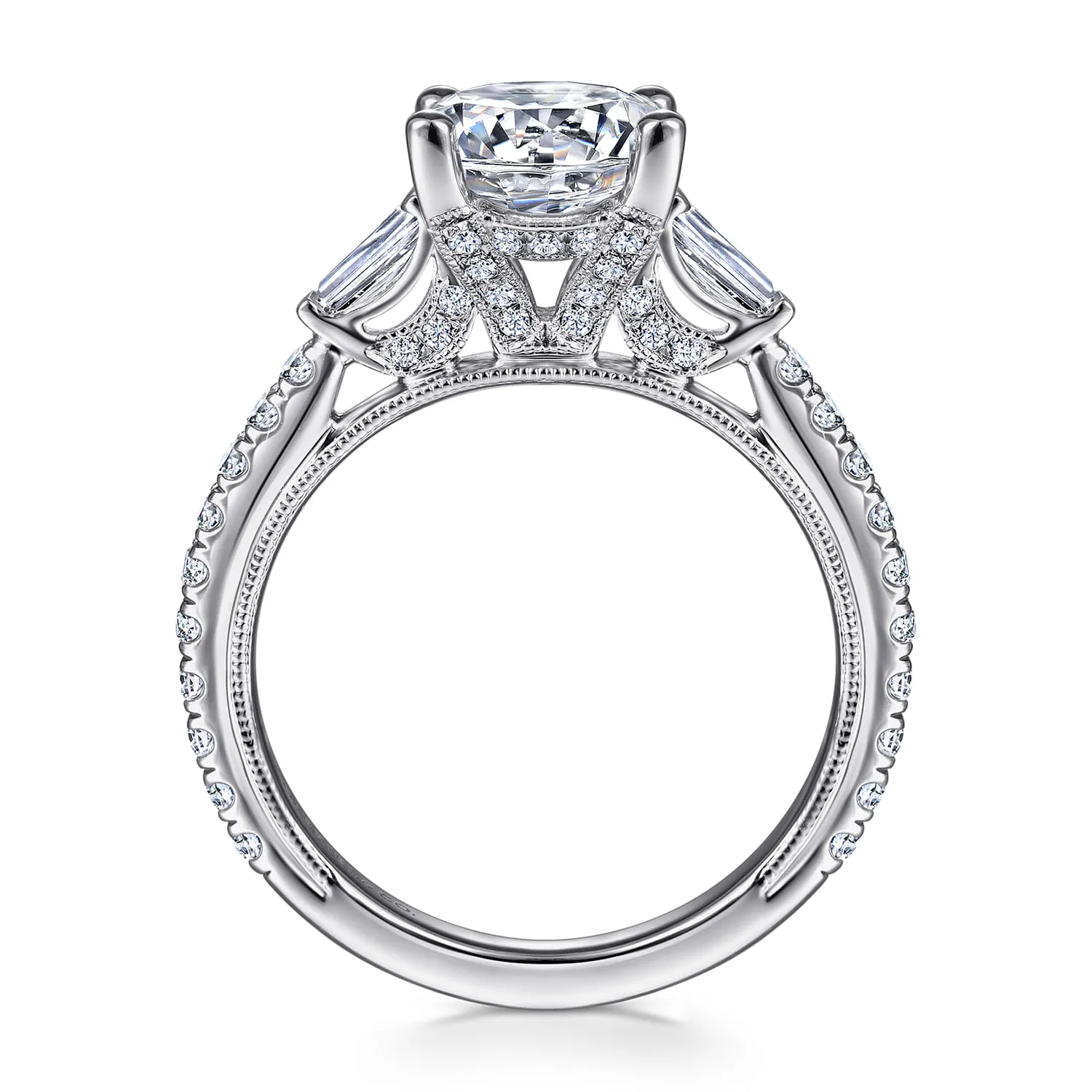 Round Vintage Inspired Three Stone Diamond Engagement Ring in 14K White Gold, photograph 2