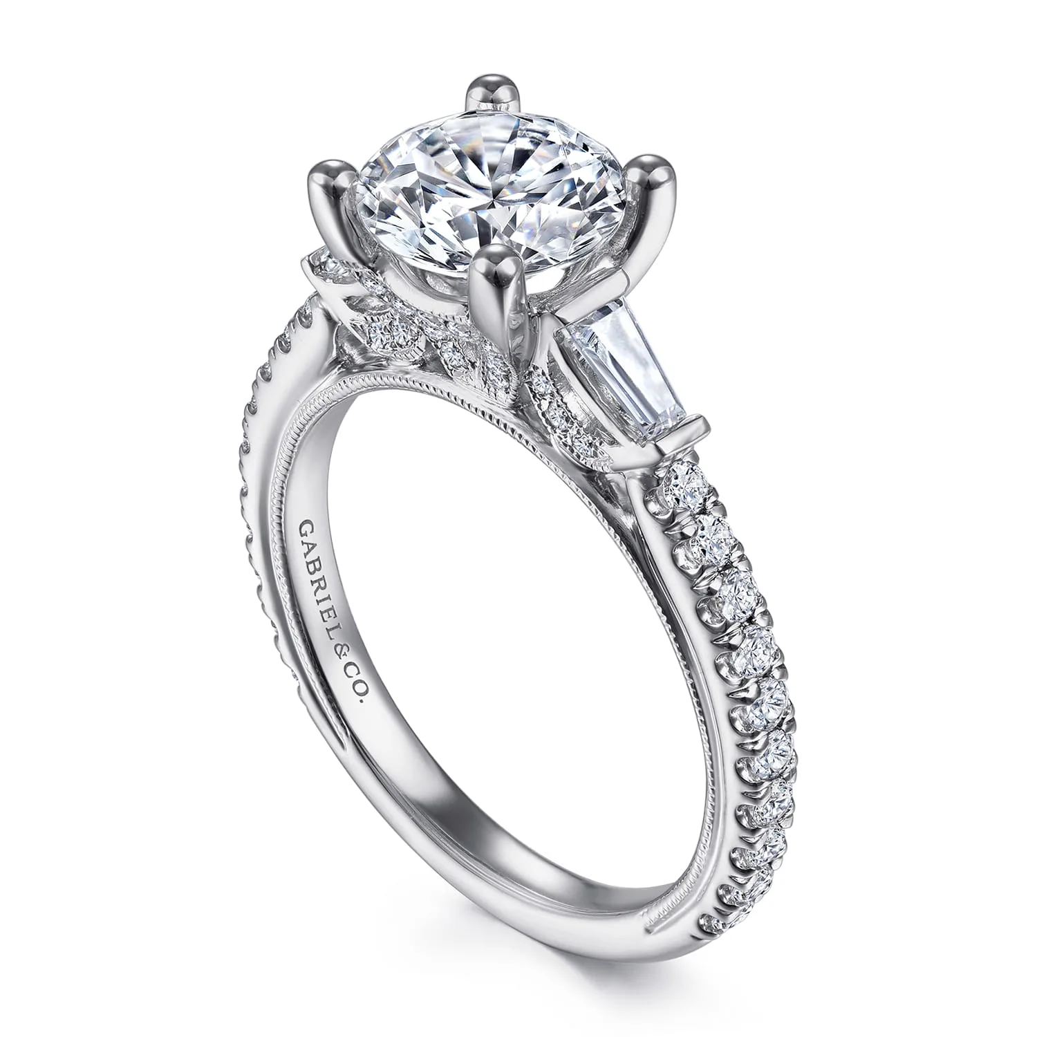 Round Vintage Inspired Three Stone Diamond Engagement Ring in 14K White Gold, photograph 3