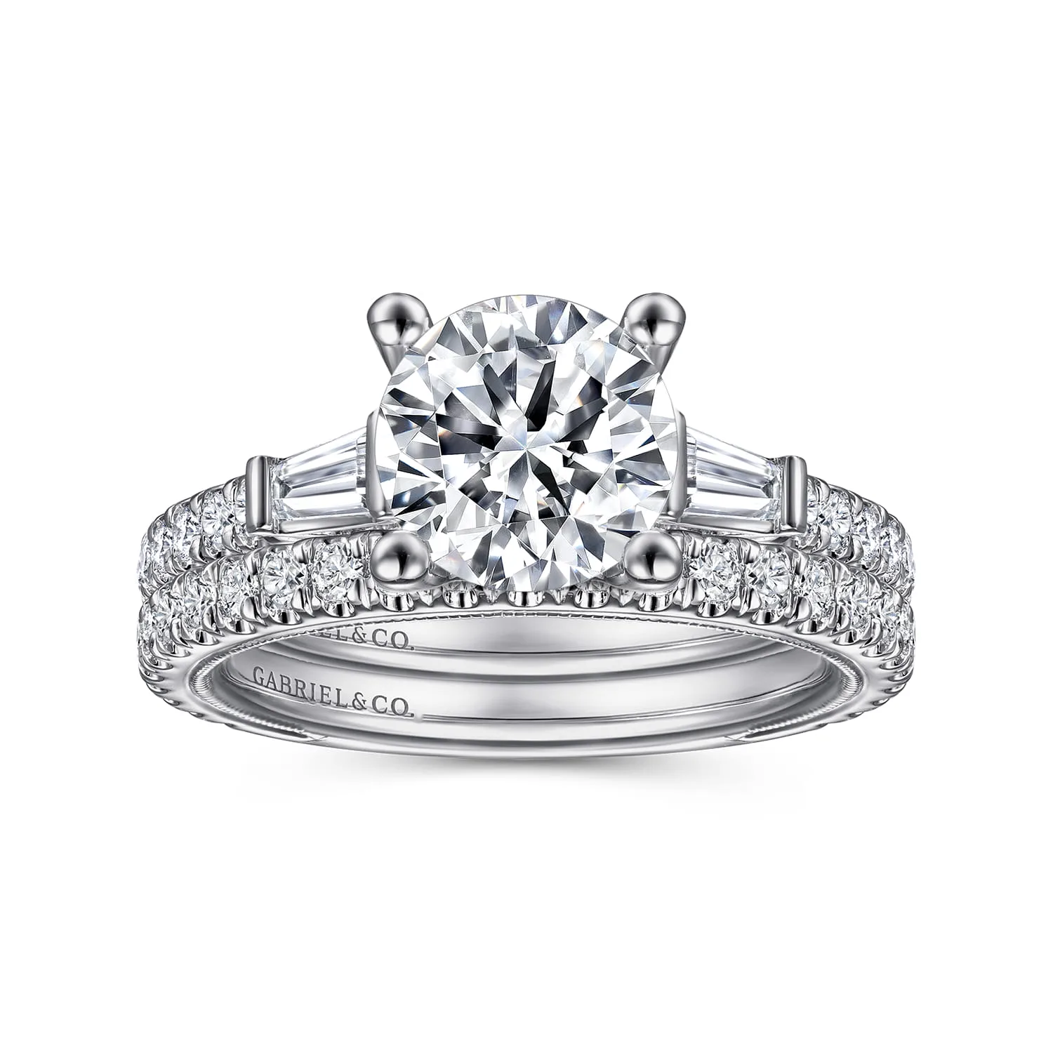 Round Vintage Inspired Three Stone Diamond Engagement Ring in 14K White Gold, photograph 4