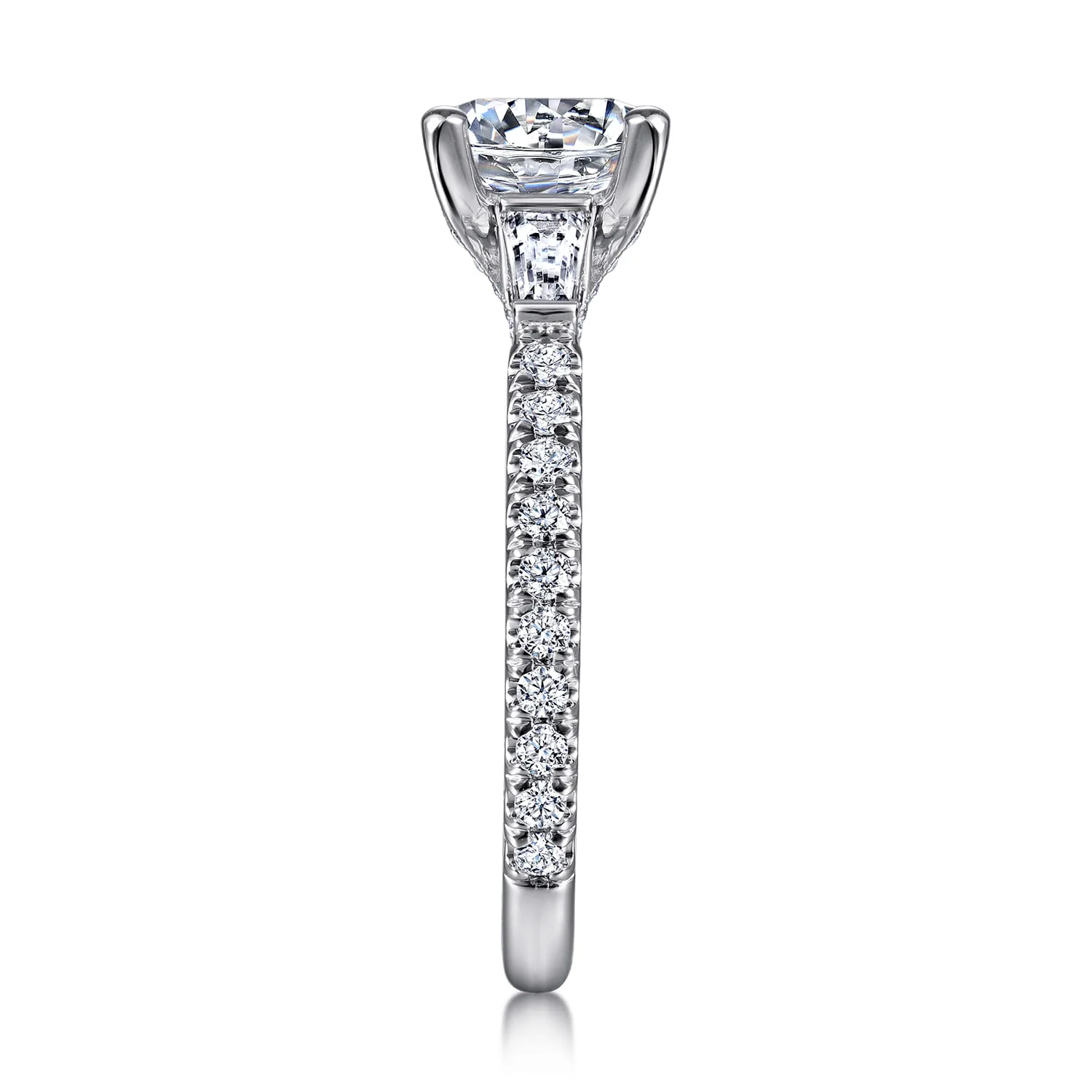 Round Vintage Inspired Three Stone Diamond Engagement Ring in 14K White Gold, photograph 5
