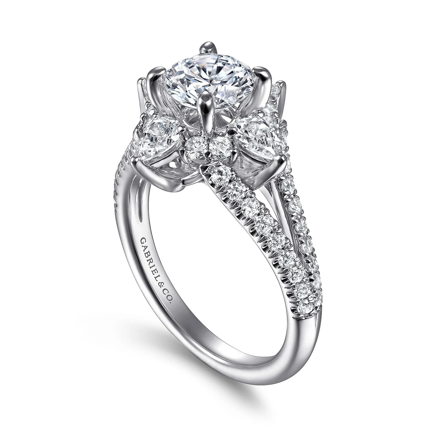 Round Floral Halo Diamond Engagement Ring in 14K White Gold, photograph 3