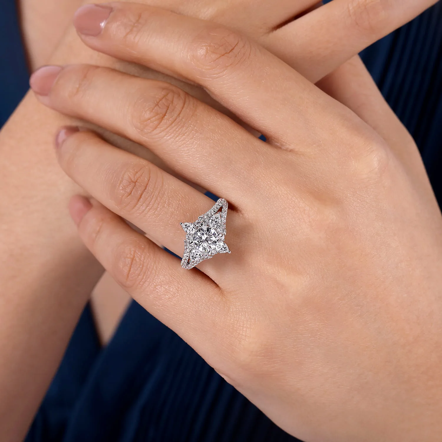 Round Floral Halo Diamond Engagement Ring in 14K White Gold, photograph 6