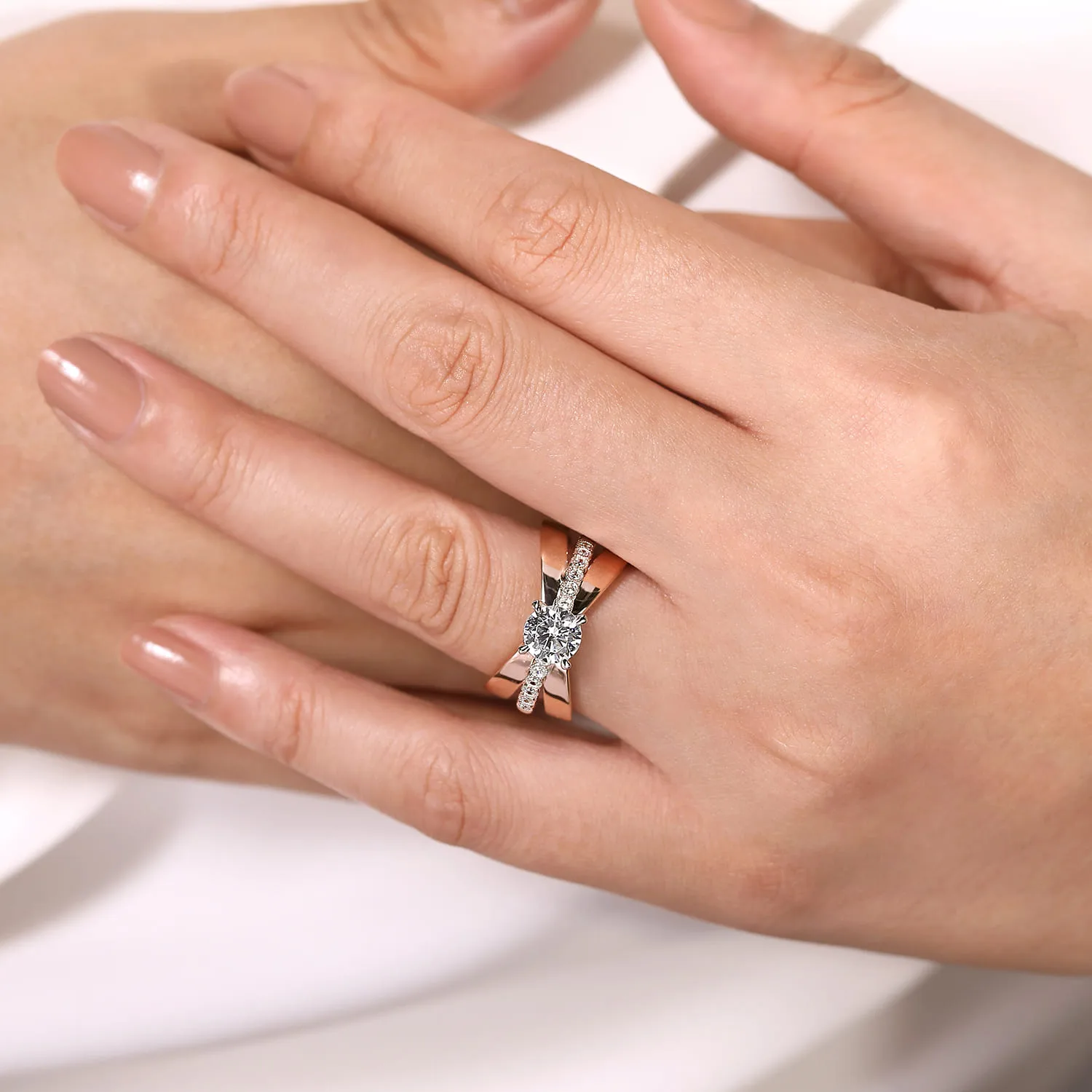 Round Split Foundation Diamond Engagement Ring in 14K White/Rose Gold, photograph 6