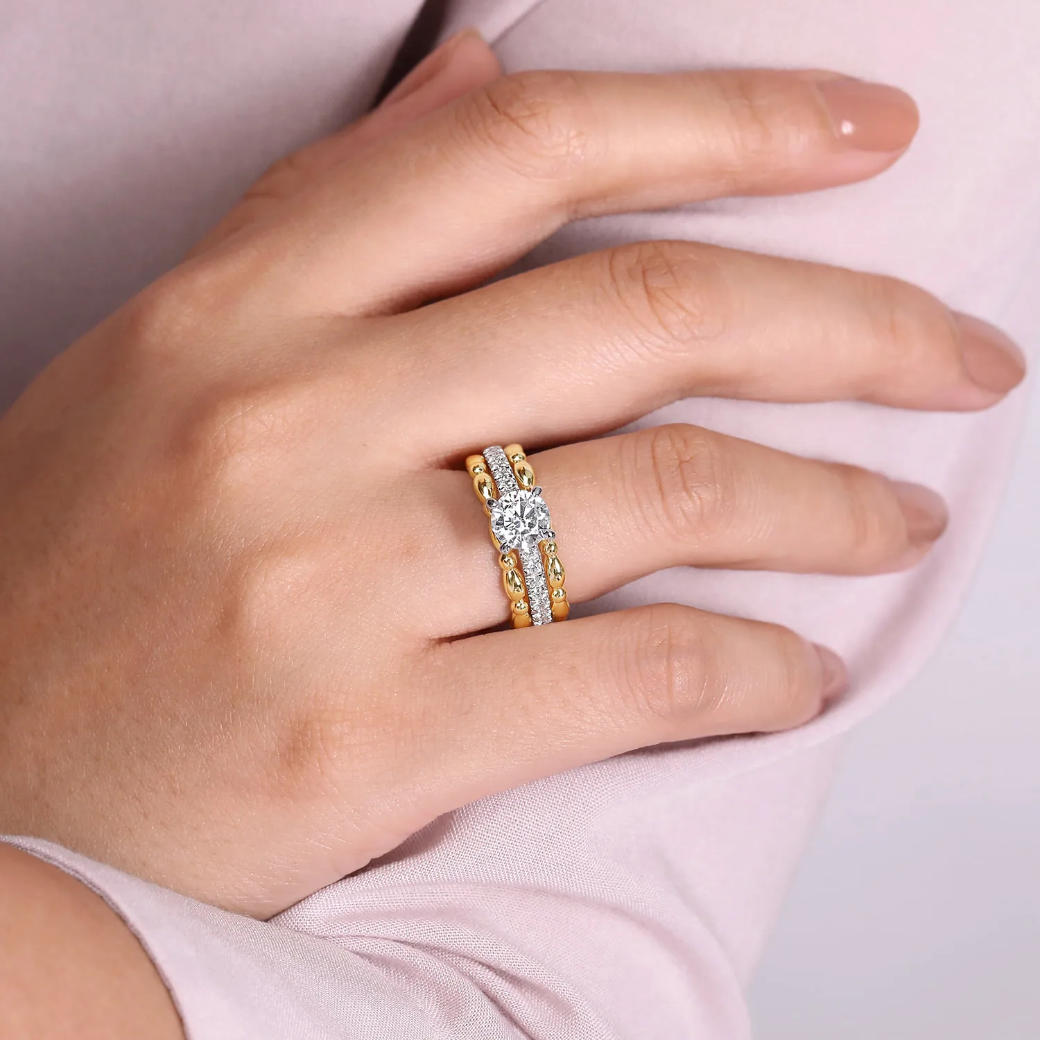 Round Split Foundation Diamond Engagement Ring in 14K White/Yellow Gold, photograph 6