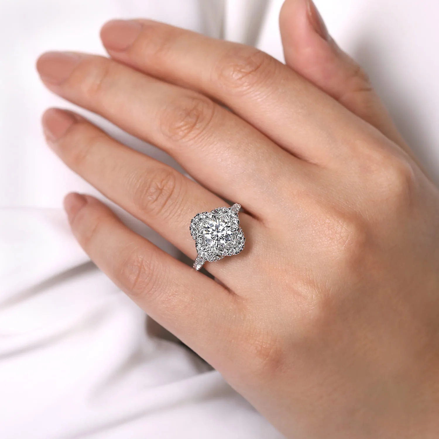 Round Floral Halo Diamond Engagement Ring in 14K White Gold, photograph 6